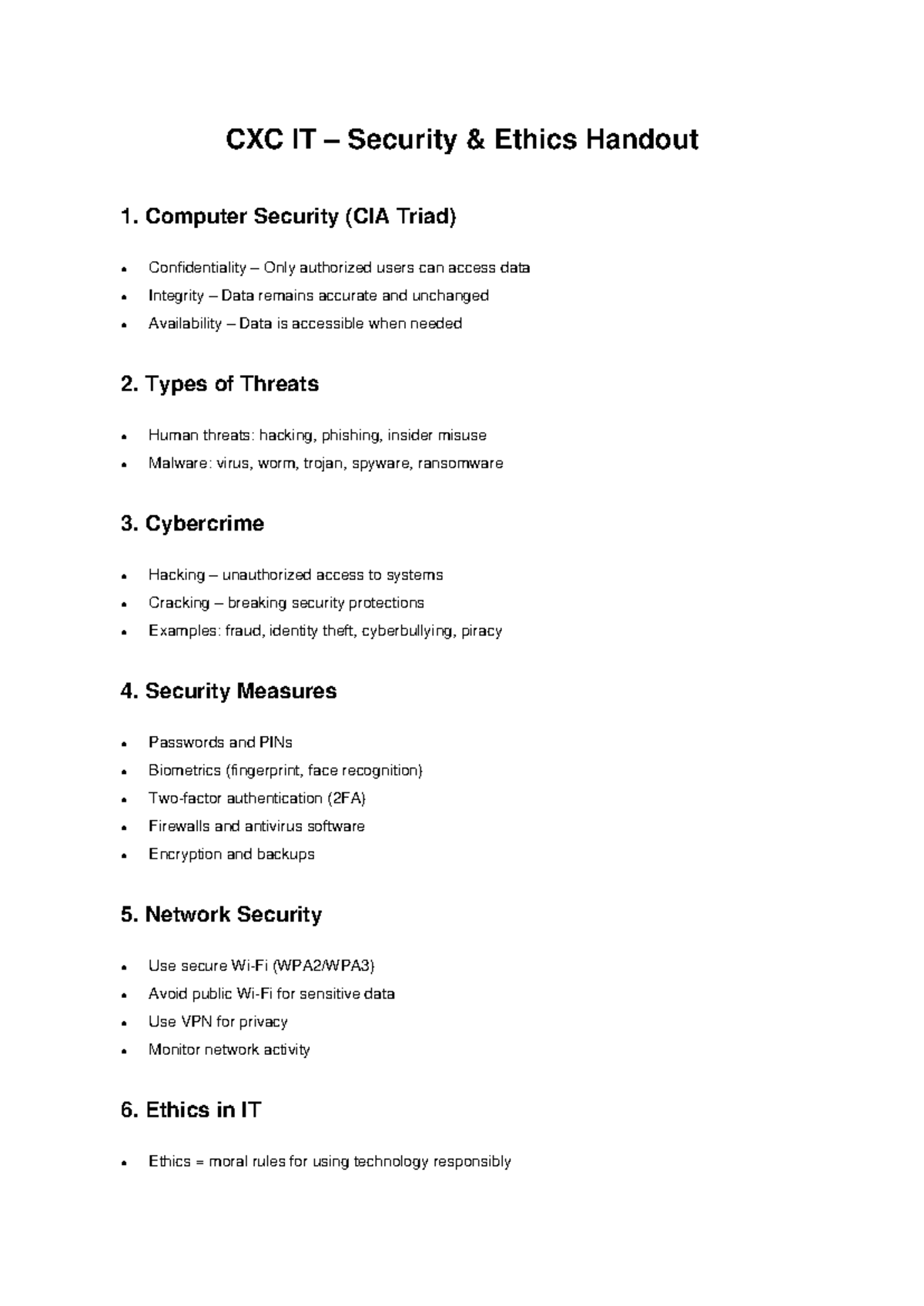 CXC IT Security & Ethics Handout: Key Concepts & Threats - Studocu