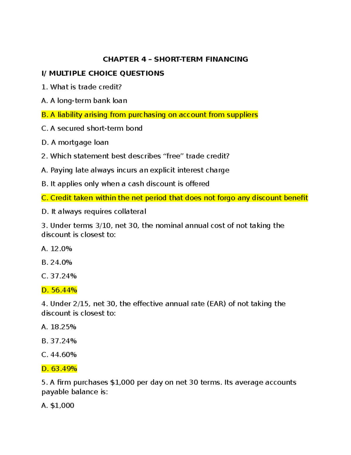 CHAPTER 4 FINANCING MULTIPLE CHOICE QUESTIONS AND ANSWERS - Studocu