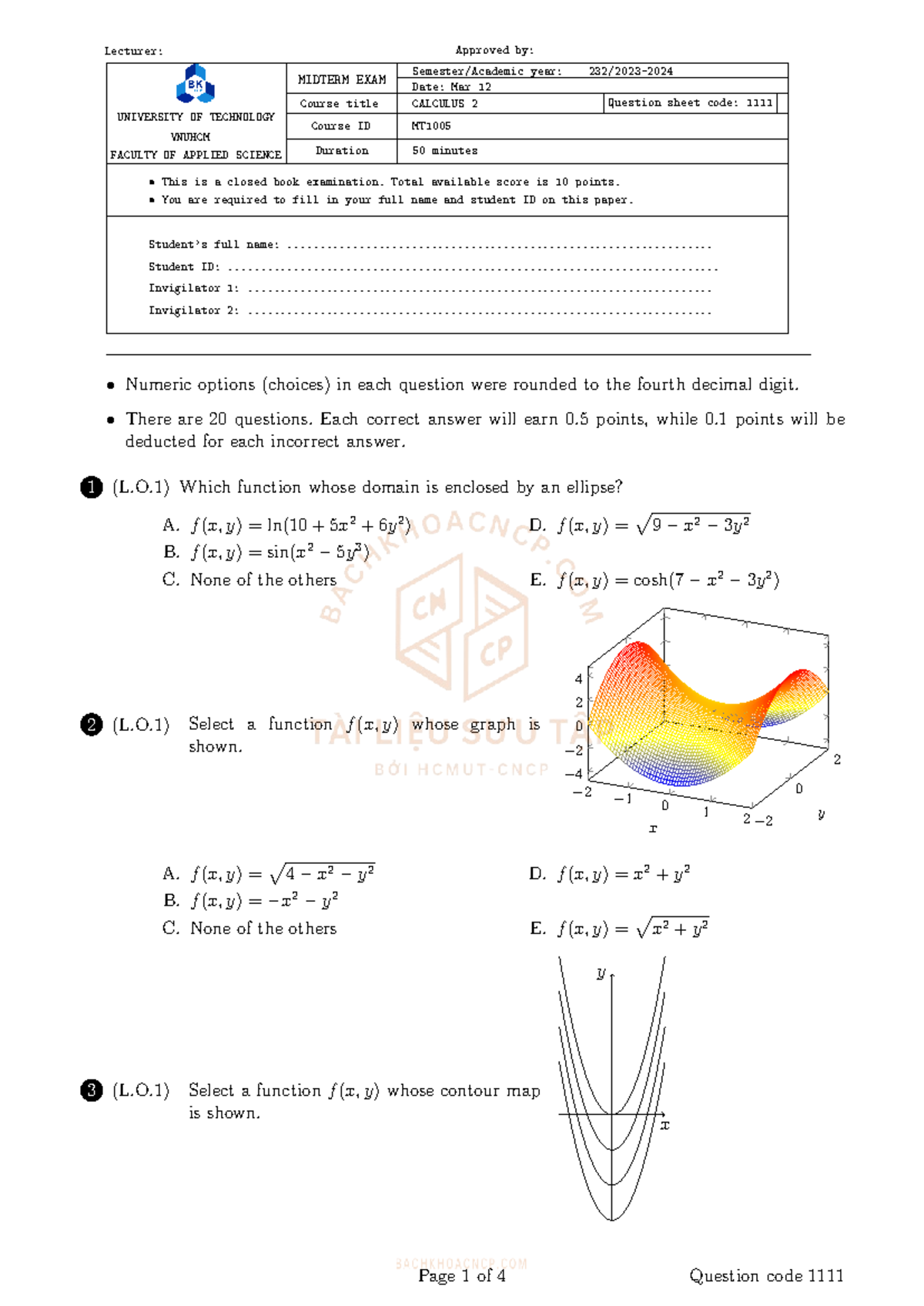 MIDTERM EXAM MT1005 - CALCULUS 2 Question Sheet - Studocu