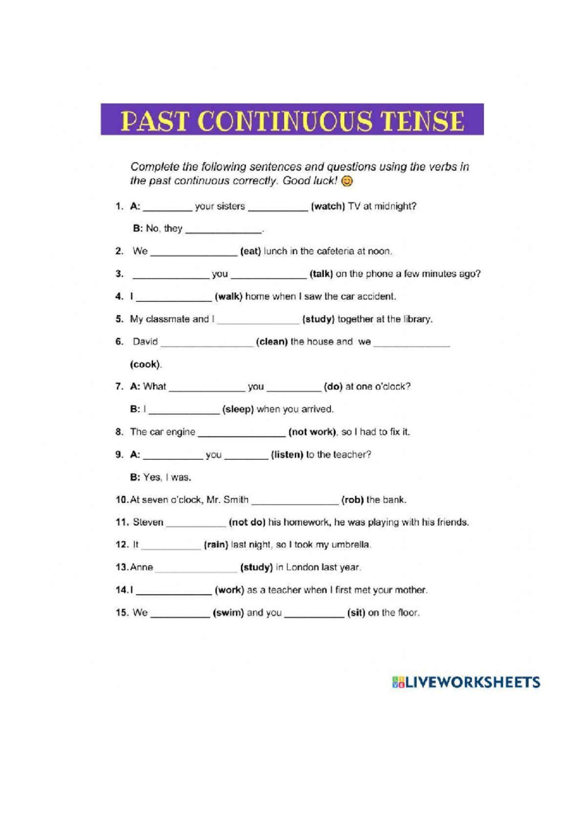 Worksheet 1867048 - Past Continuous Verbs Practice - Studocu