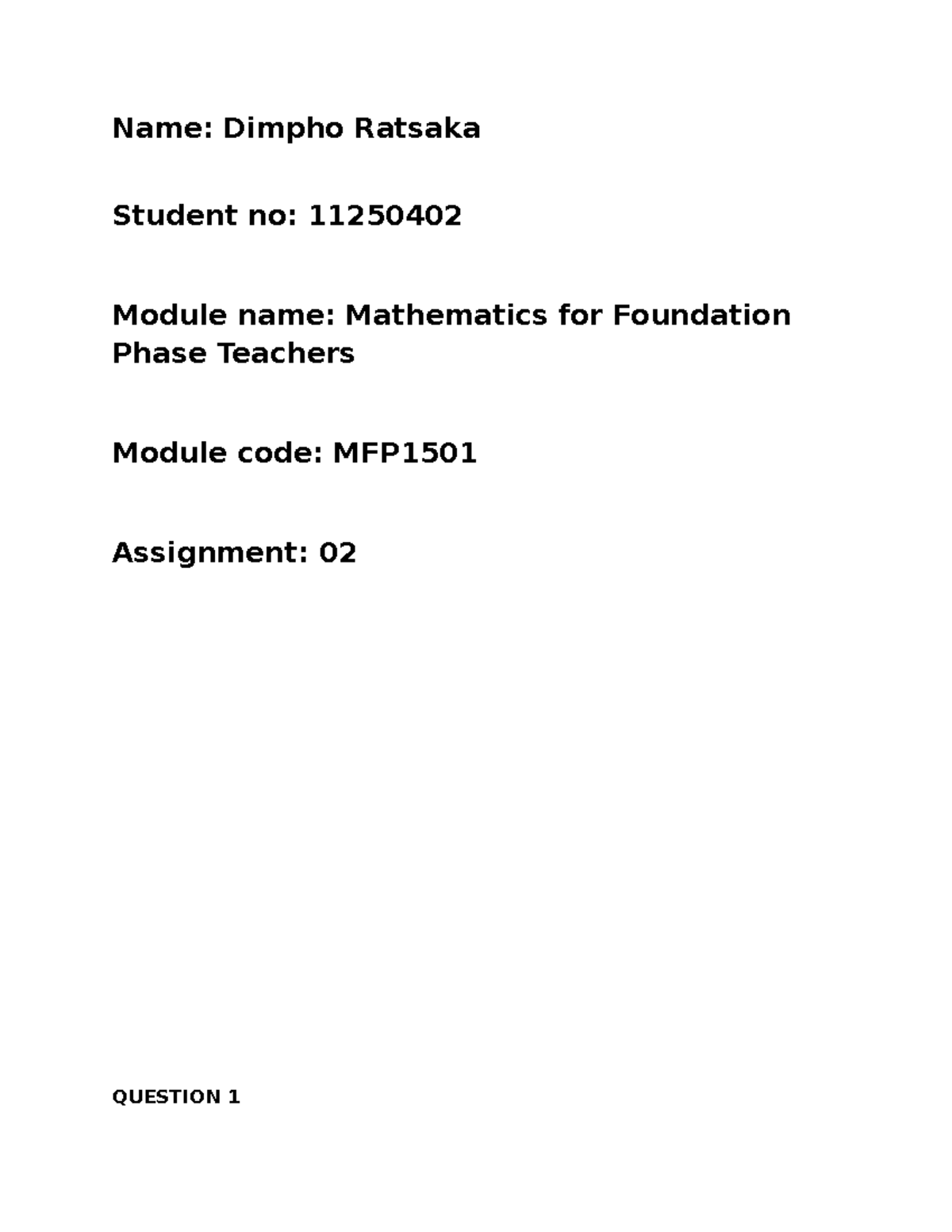 MFP1501 Mathematics for Foundation Phase Teachers: Assignment 02 ...
