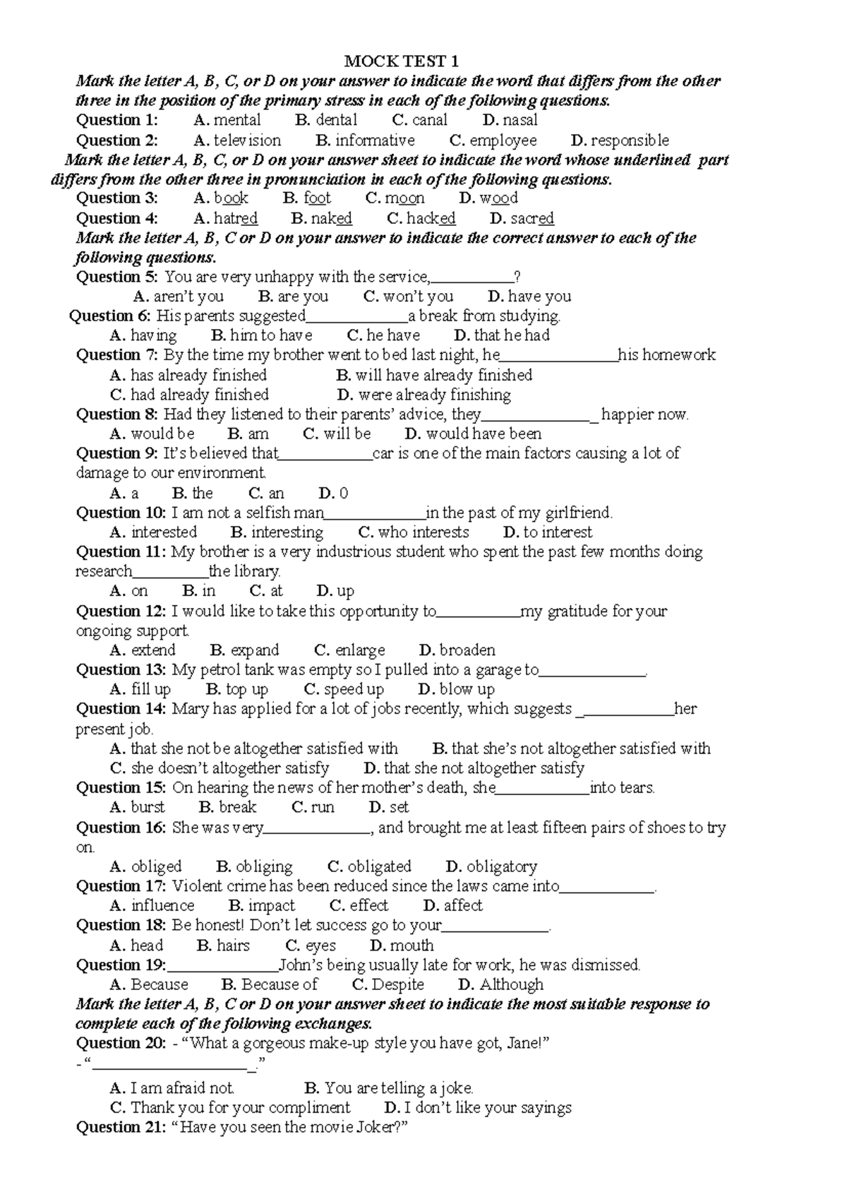 MOCK TEST 1 Study Questions (7-9-11-25) - Studocu