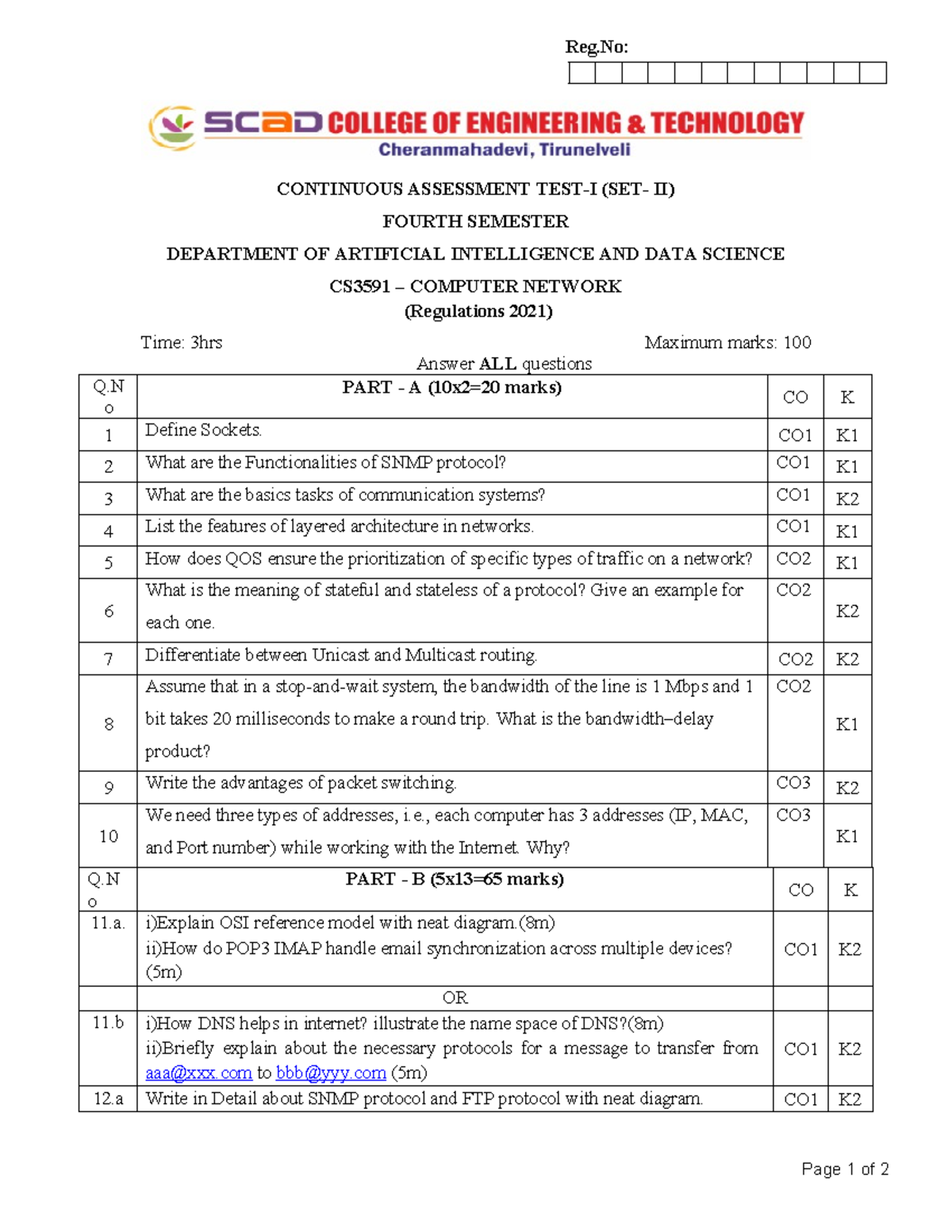 CAT-1 SET 2 CS3591 COMPUTER NETWORK NOTES - Studocu