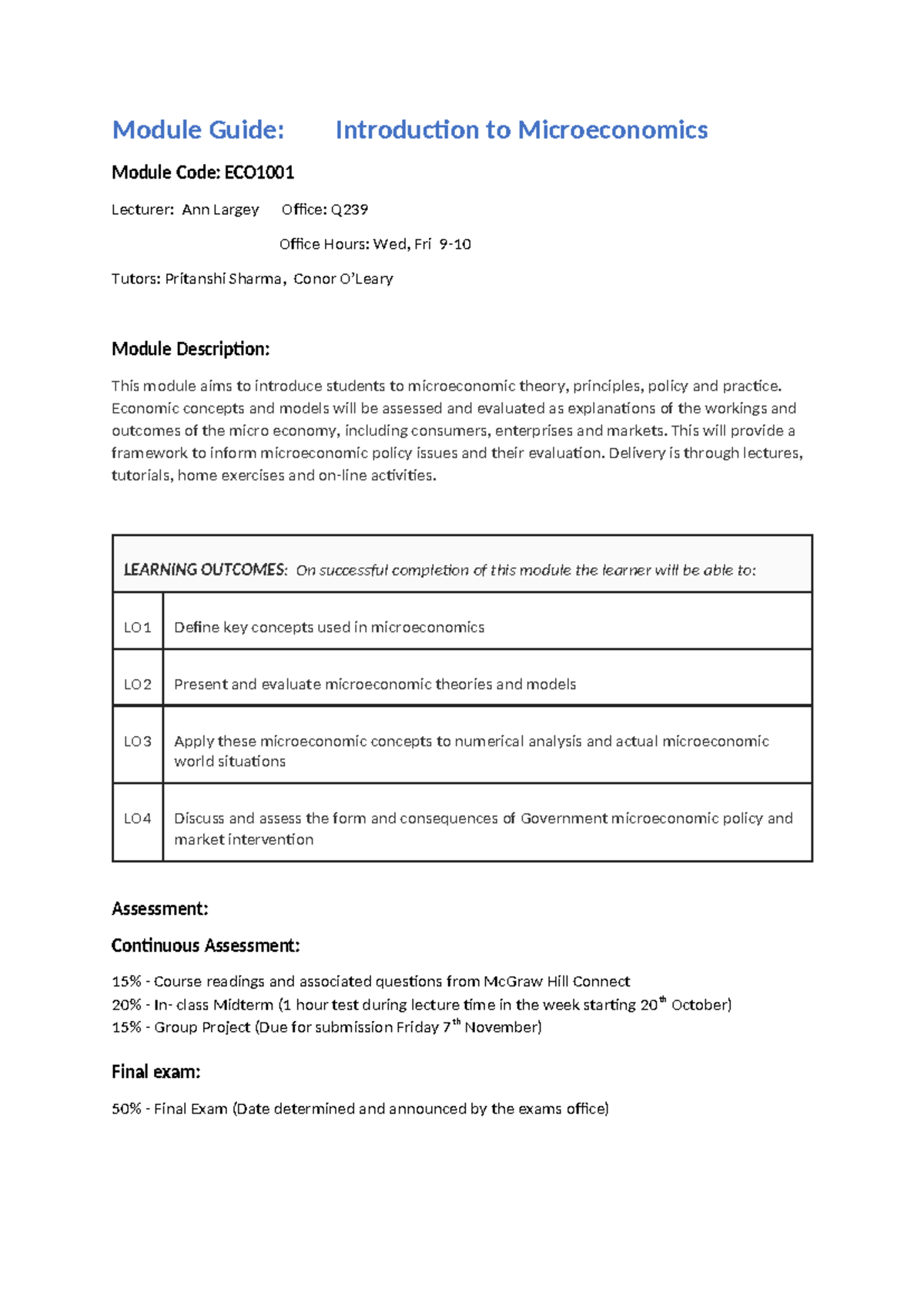 ECO1001 Module Guide: Intro to Microeconomics Overview and Assessment ...