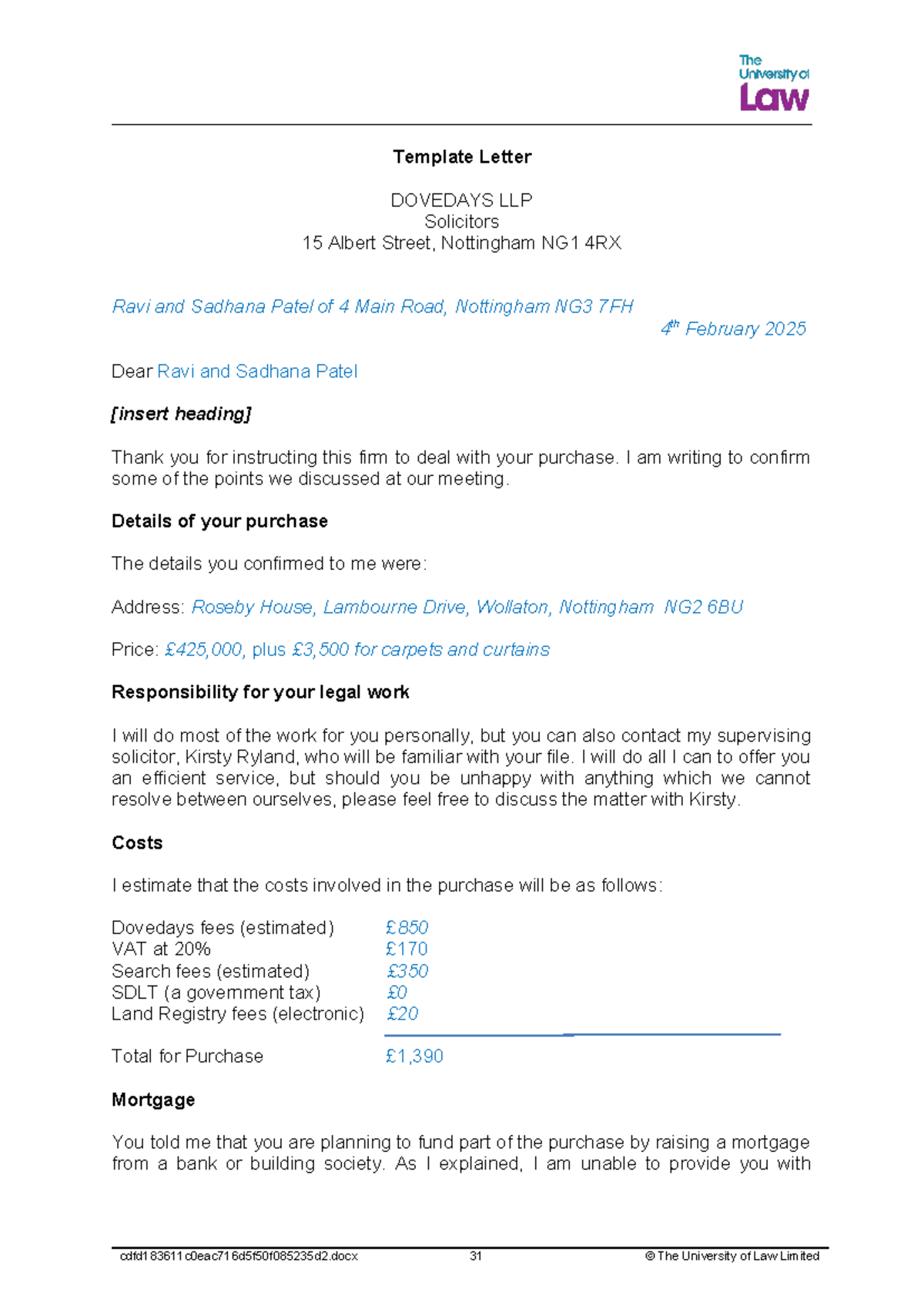 WS1 - Task - Workshop Task 1: Solicitor's Letter for Property Purchase ...