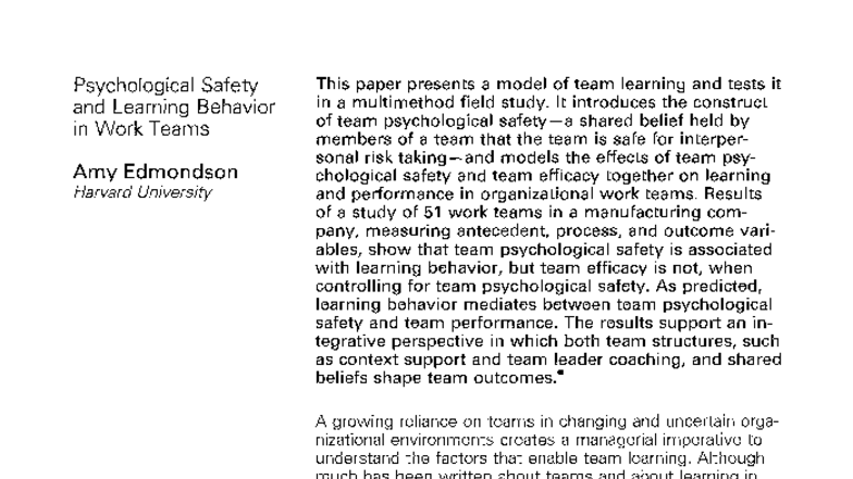 Edmondson 1999: Psychological Safety & Learning Behavior in Work Teams ...