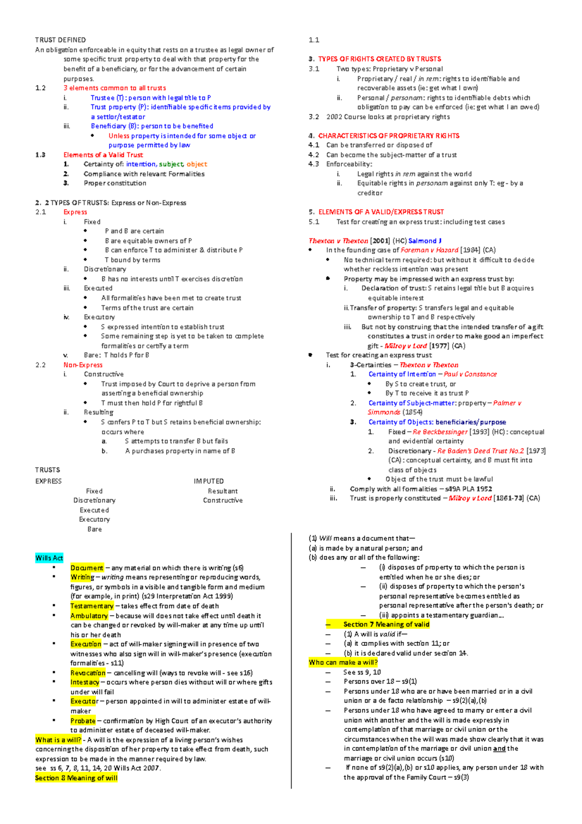 Trusts notes - TRUST DEFINED An obligation enforceable in equity that ...
