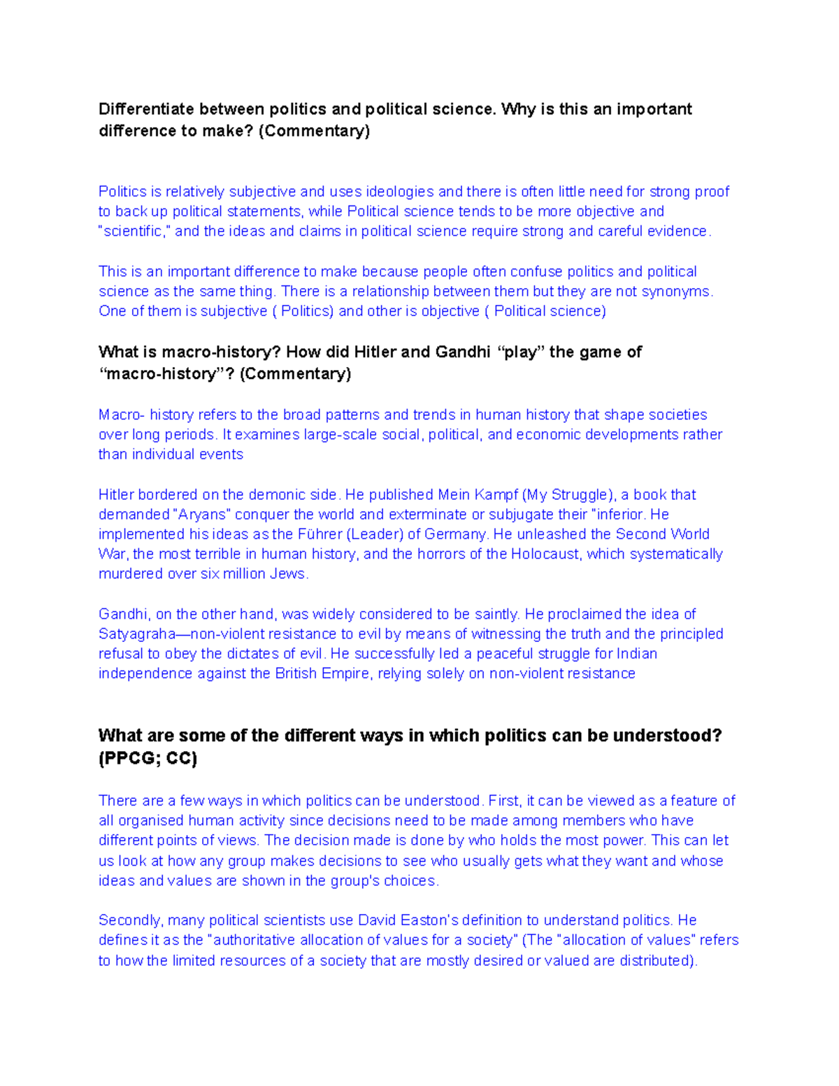UNIT 1 Study Questions & Concepts: Politics vs. Political Science - Studocu