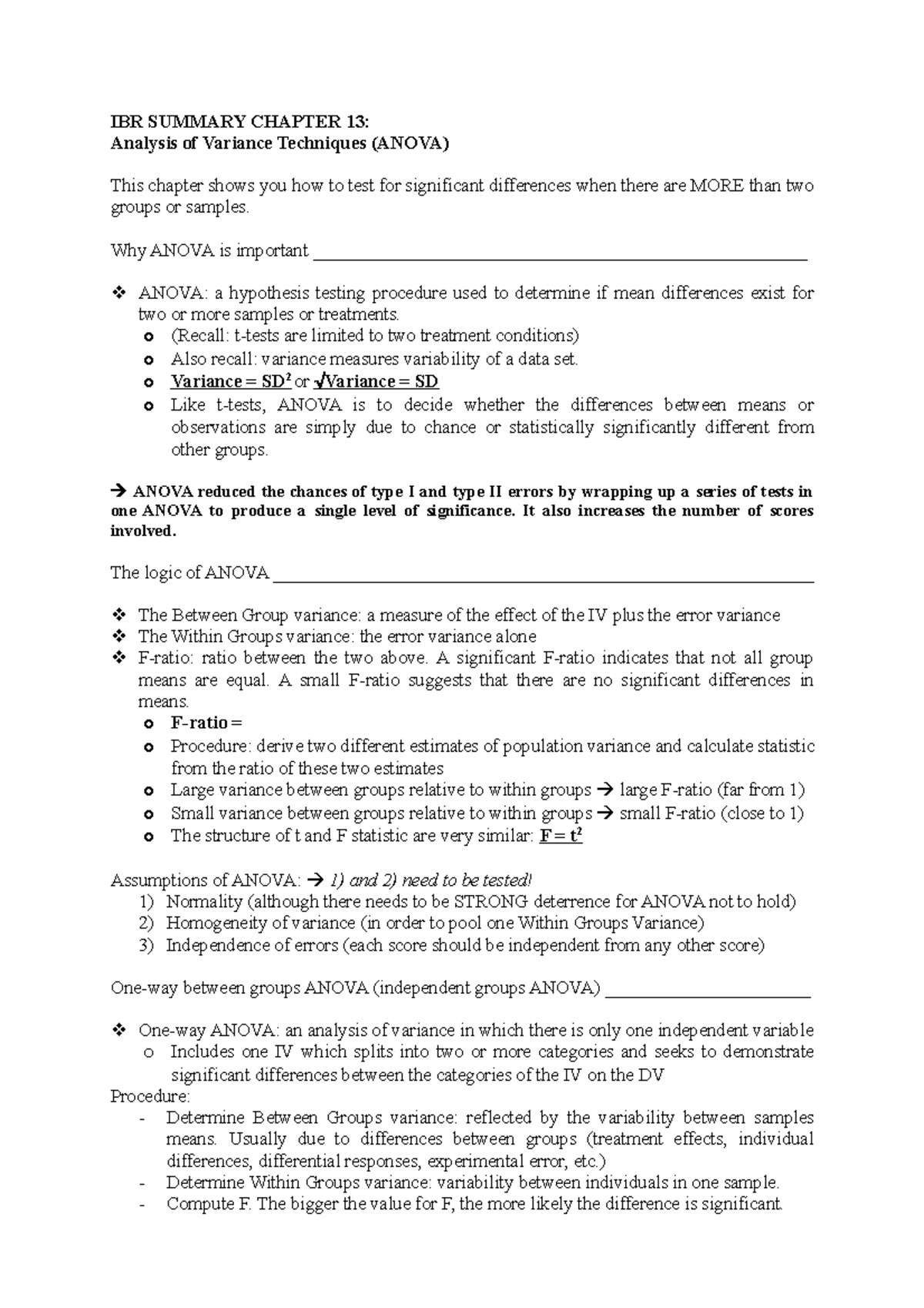 IBR Summary Chapter 13 - IBR SUMMARY CHAPTER 13: Analysis of Variance ...