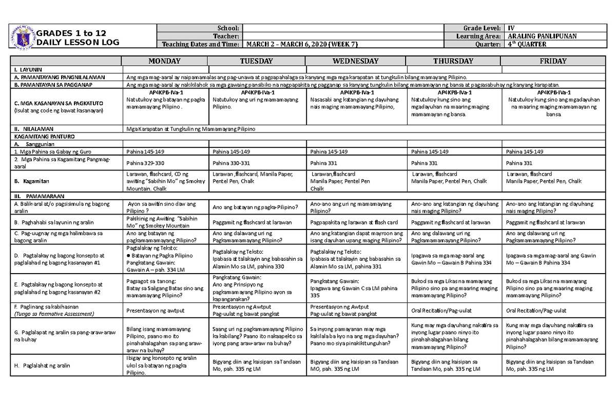 DLL Araling Panlipunan 4 Q4 W7 - GRADES 1 to 12 DAILY LESSON LOG School ...