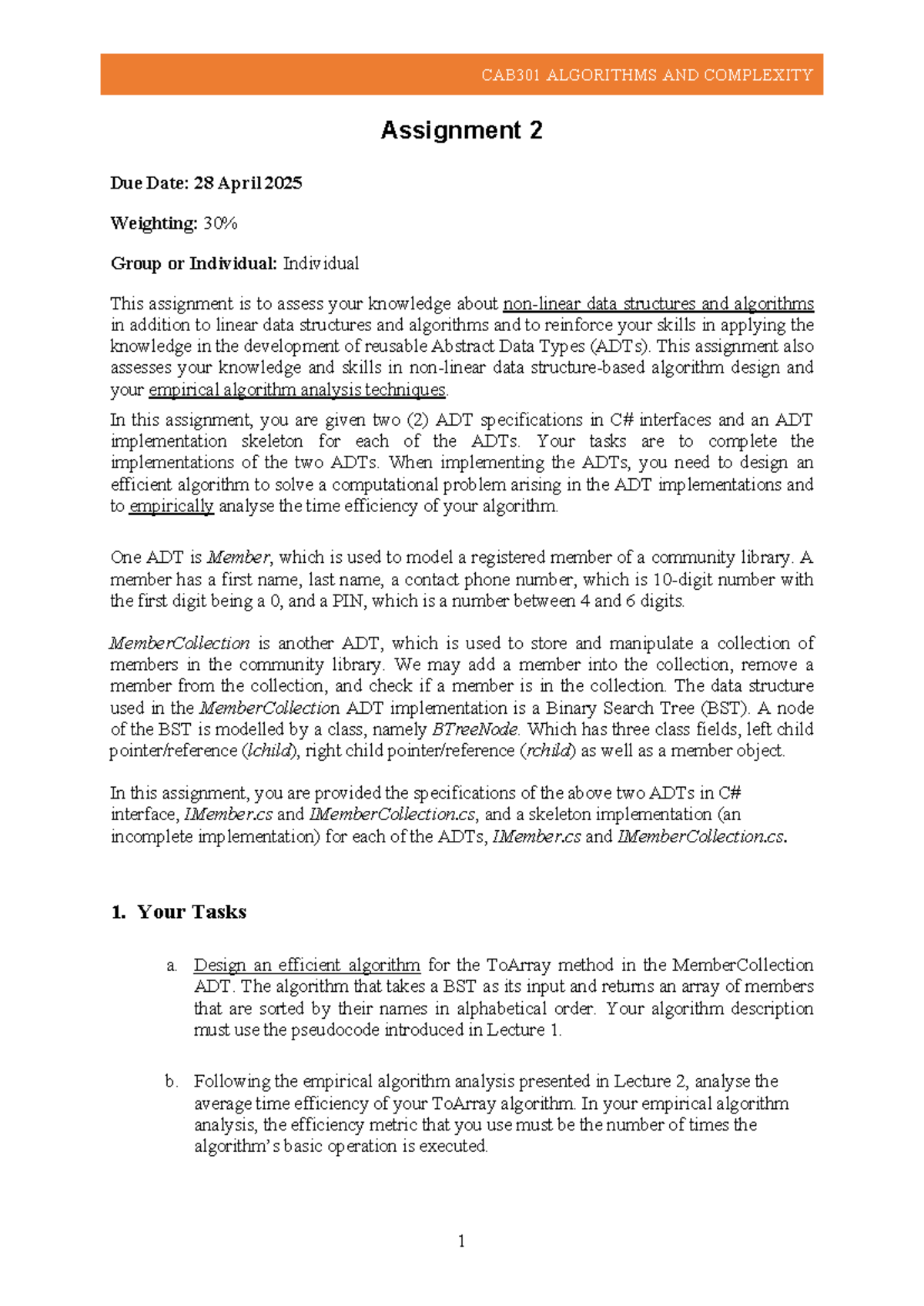 CAB301 Algorithms and Complexity: Assignment 2 - ADT Implementation ...