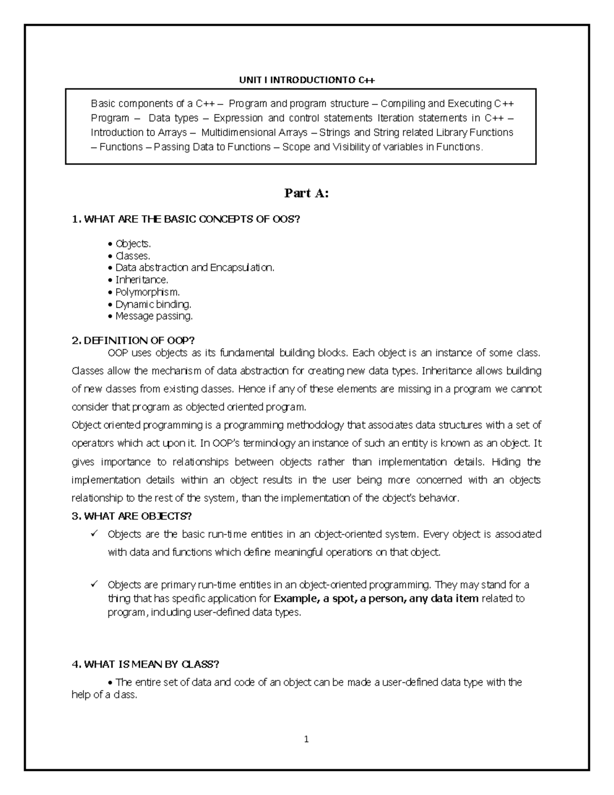 C++ Unit I - C++ notes - UNIT I INTRODUCTIONTO C++ Basic components of ...