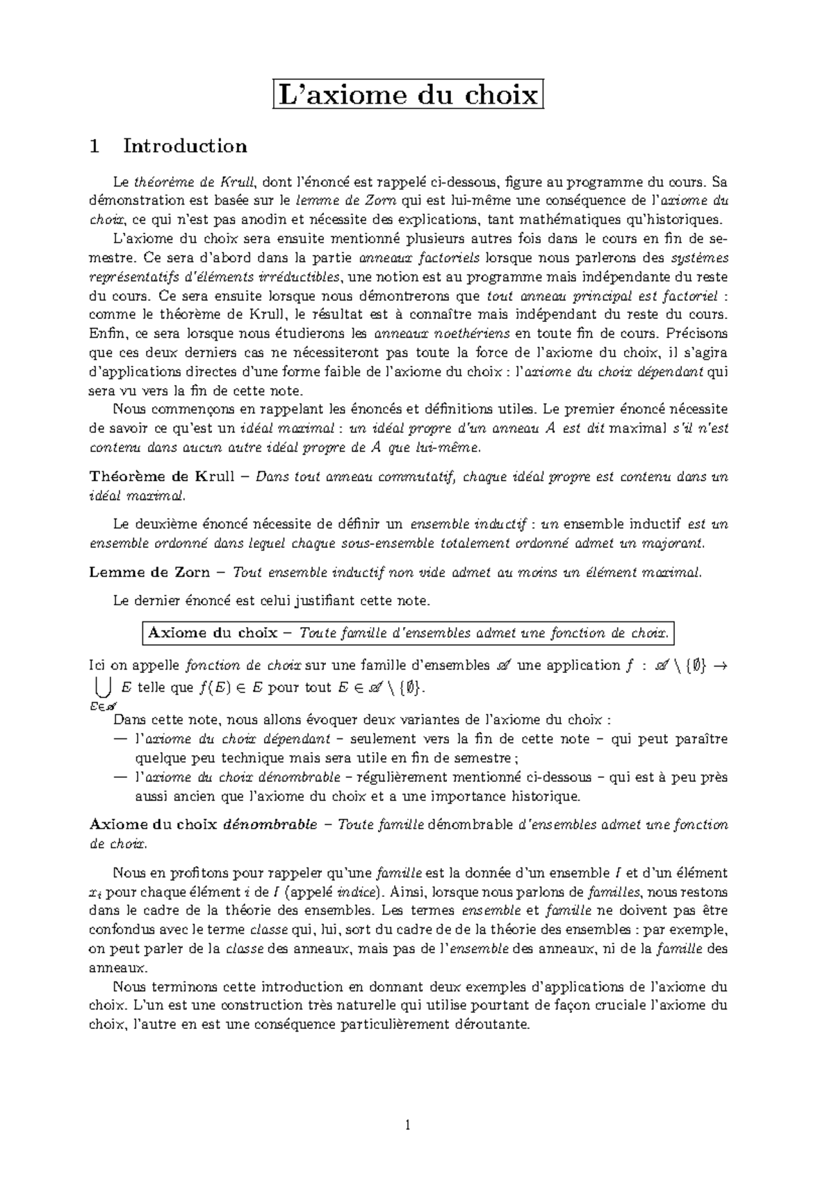 Chapitre 3Axiome Du Choix L’axiome du choix 1 Introduction Le th — free download