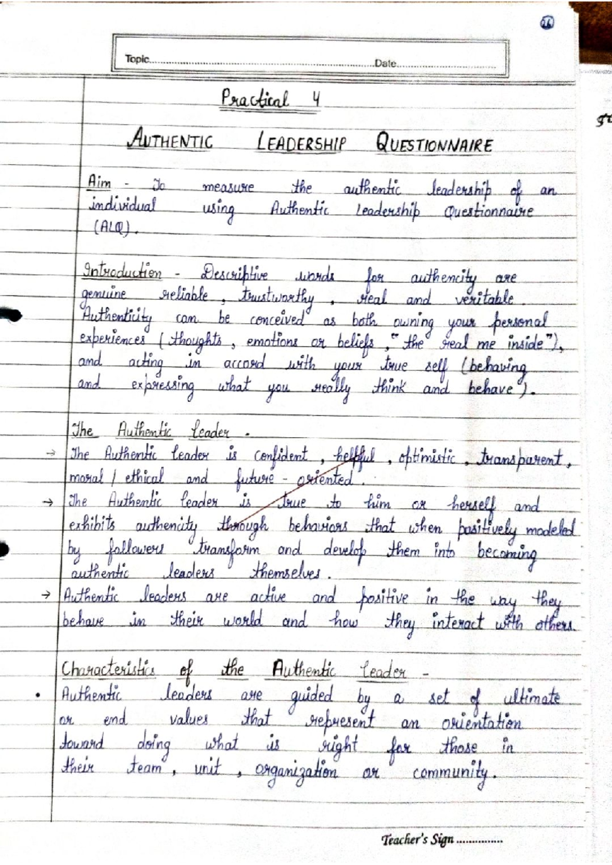 Authentic leadership questionnaire analysis for practical 4 (26) - Studocu