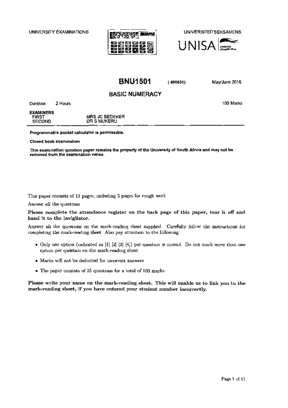 Bnu1501 Final Exam Paper Basic Numeracy May June 2016 Studocu