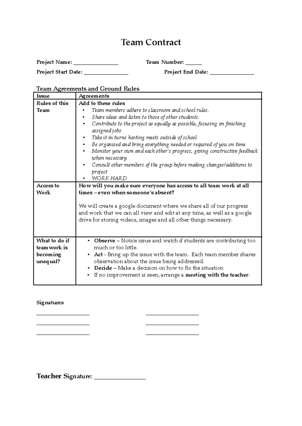 Team Contract: Guidelines & Agreements for Project Collaboration - Studocu