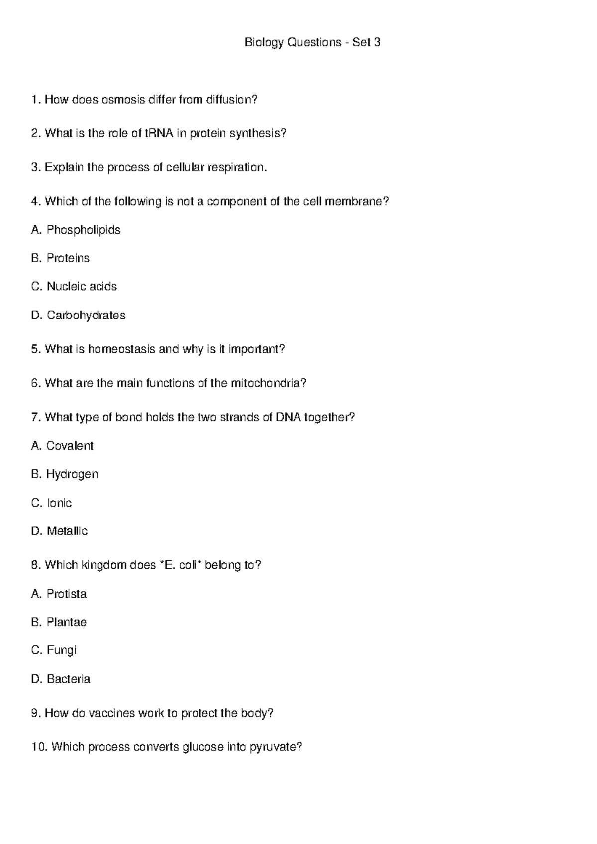 Biology questions set 3 - Biology Questions - Set 3 How does osmosis ...