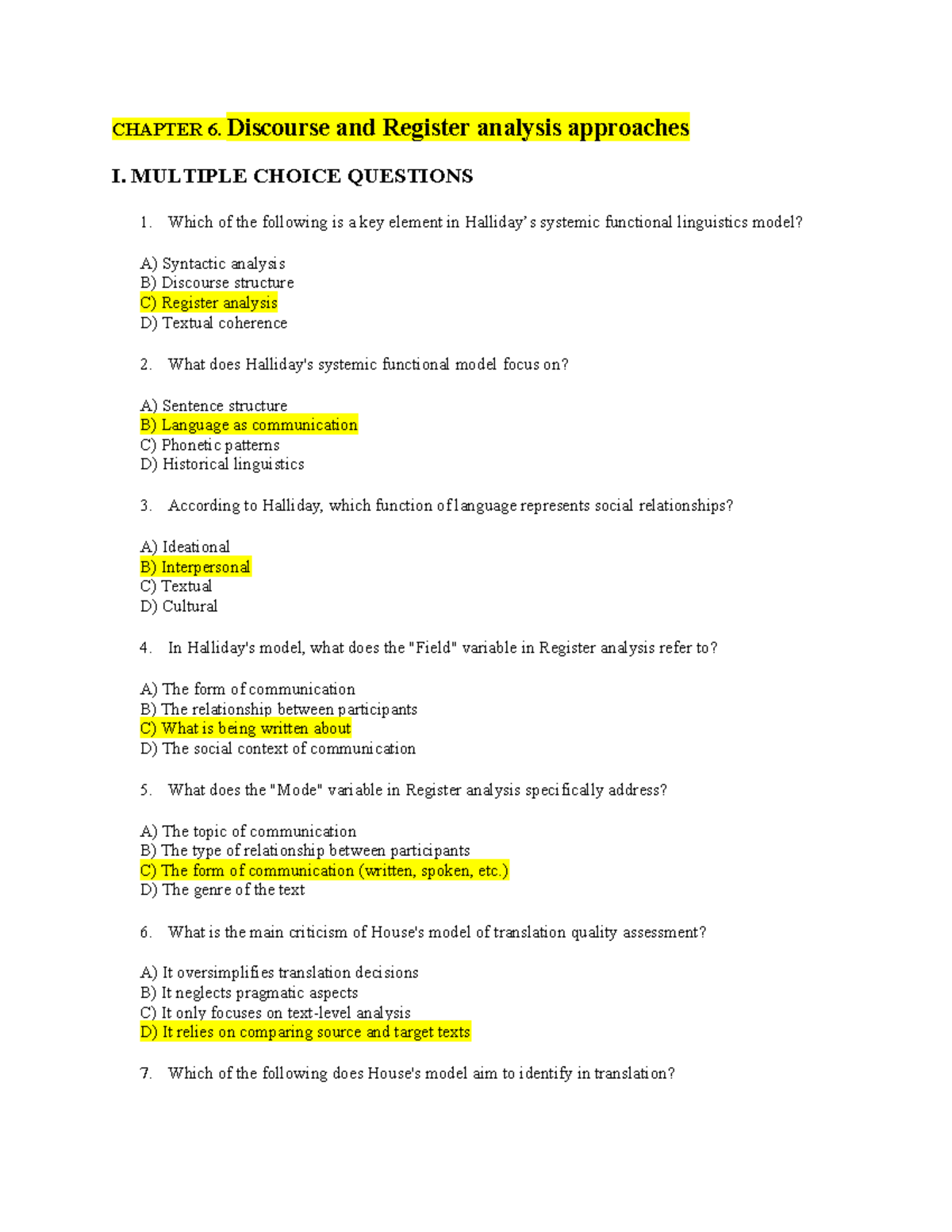 CHAPTER 6: Discourse and Register Analysis - MCQs and Answers - Studocu
