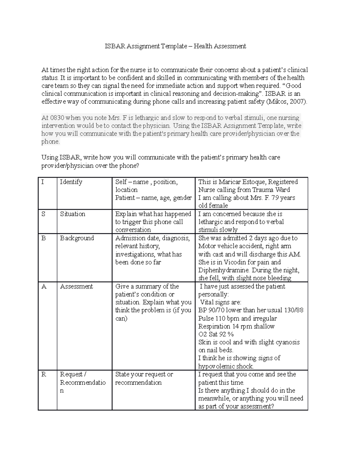 ISBAR Assignment Template for Health Assessment - Nursing Communication ...