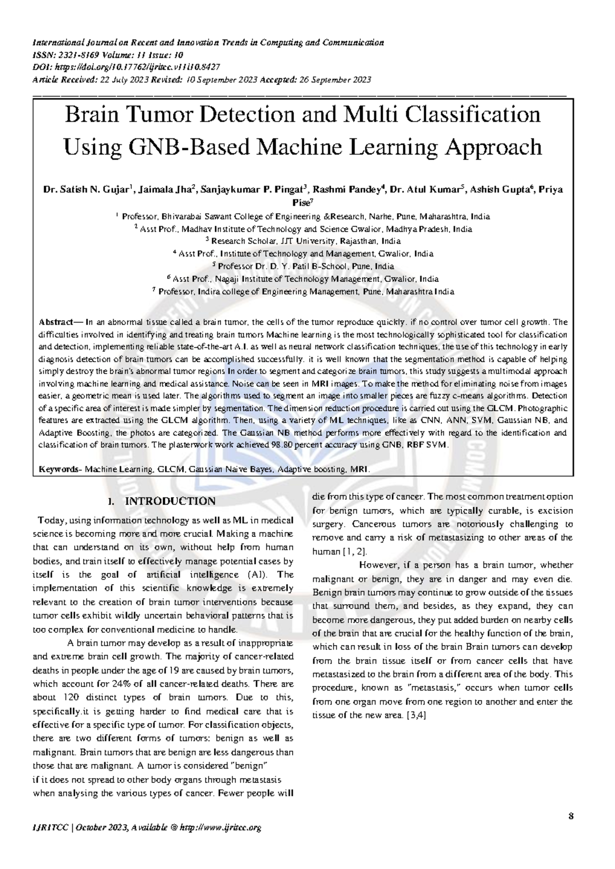 Brain Tumor Detection & Classification Using ML Techniques - IJRITCC 11 ...