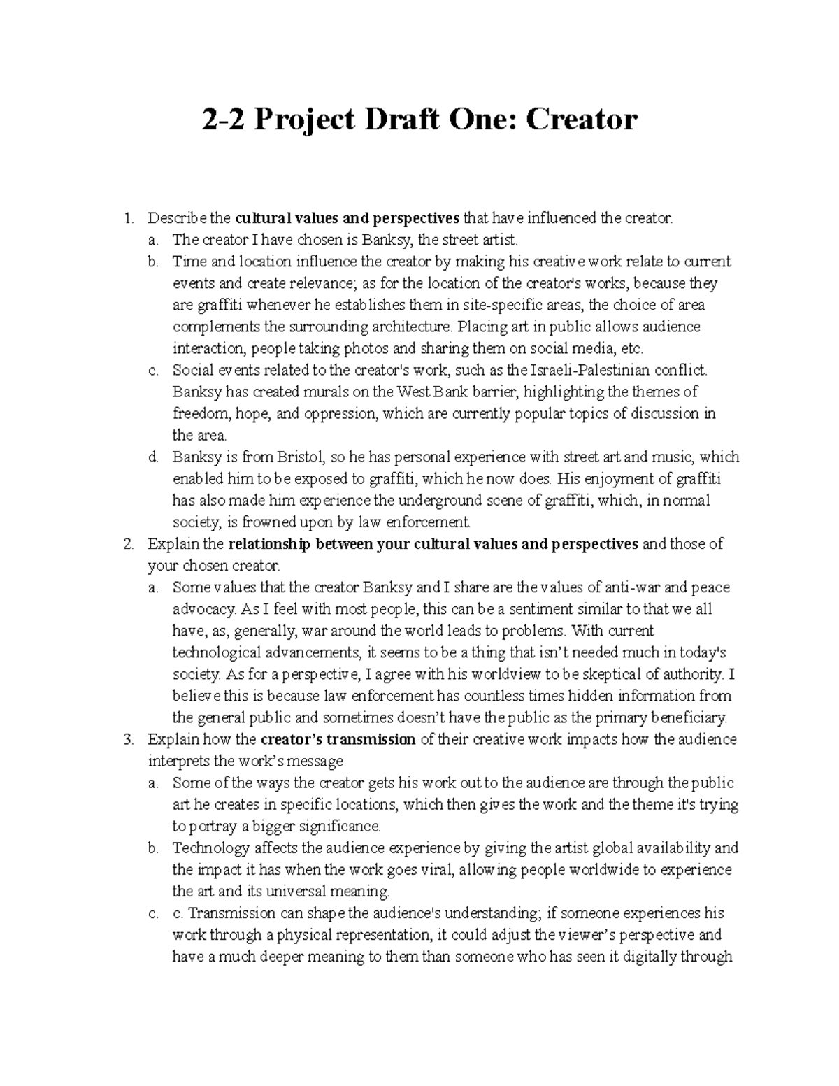 Project 1 draft - This is the assignment for week 2 to choose a creator ...
