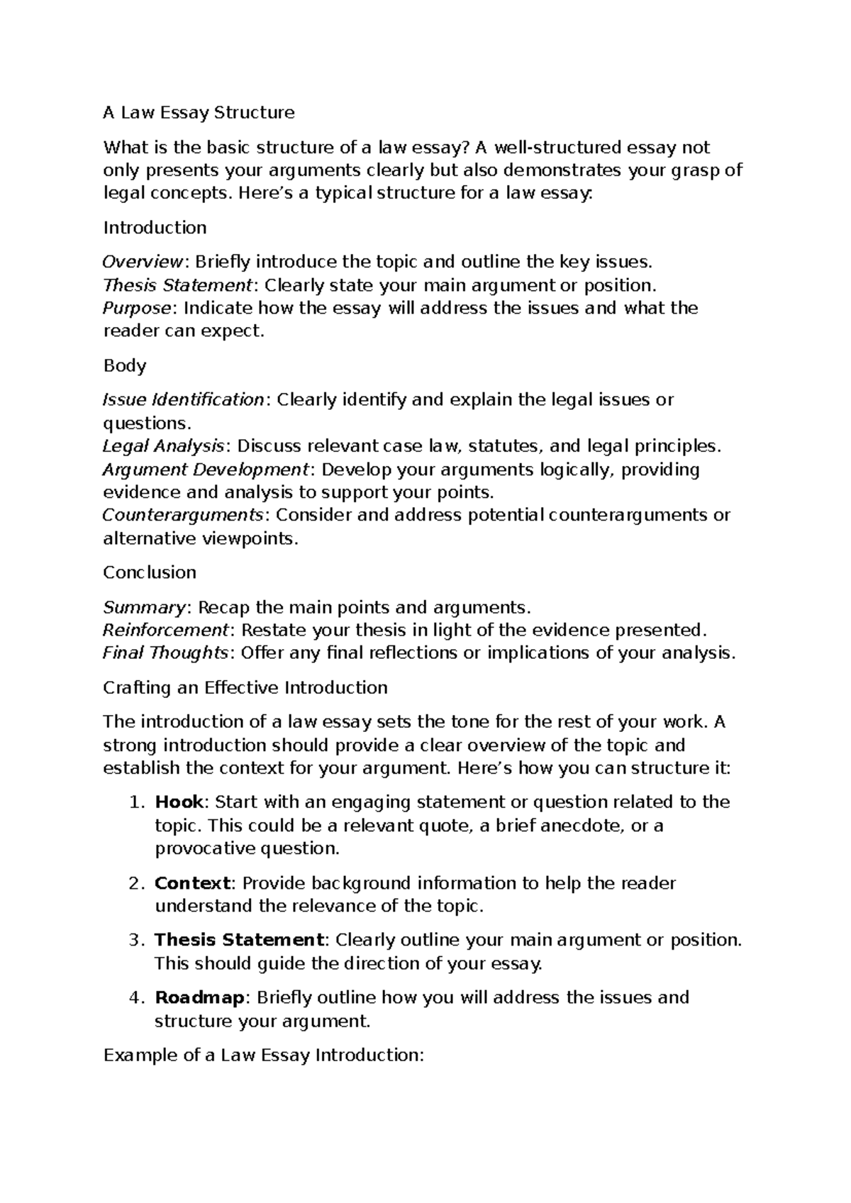 Law Essay Structure: Key Elements for Effective Writing - Studocu
