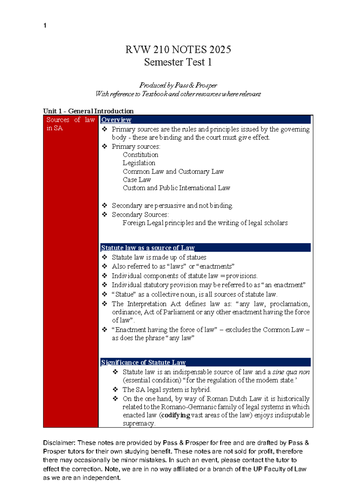RVW 210 Notes: 2025 Semester Test 1 Overview on Sources of Law - Studocu