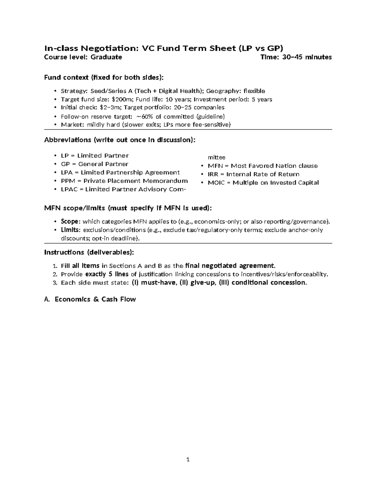 Negotiation: VC Fund Term Sheet (LP vs GP) - Graduate Level Insights ...