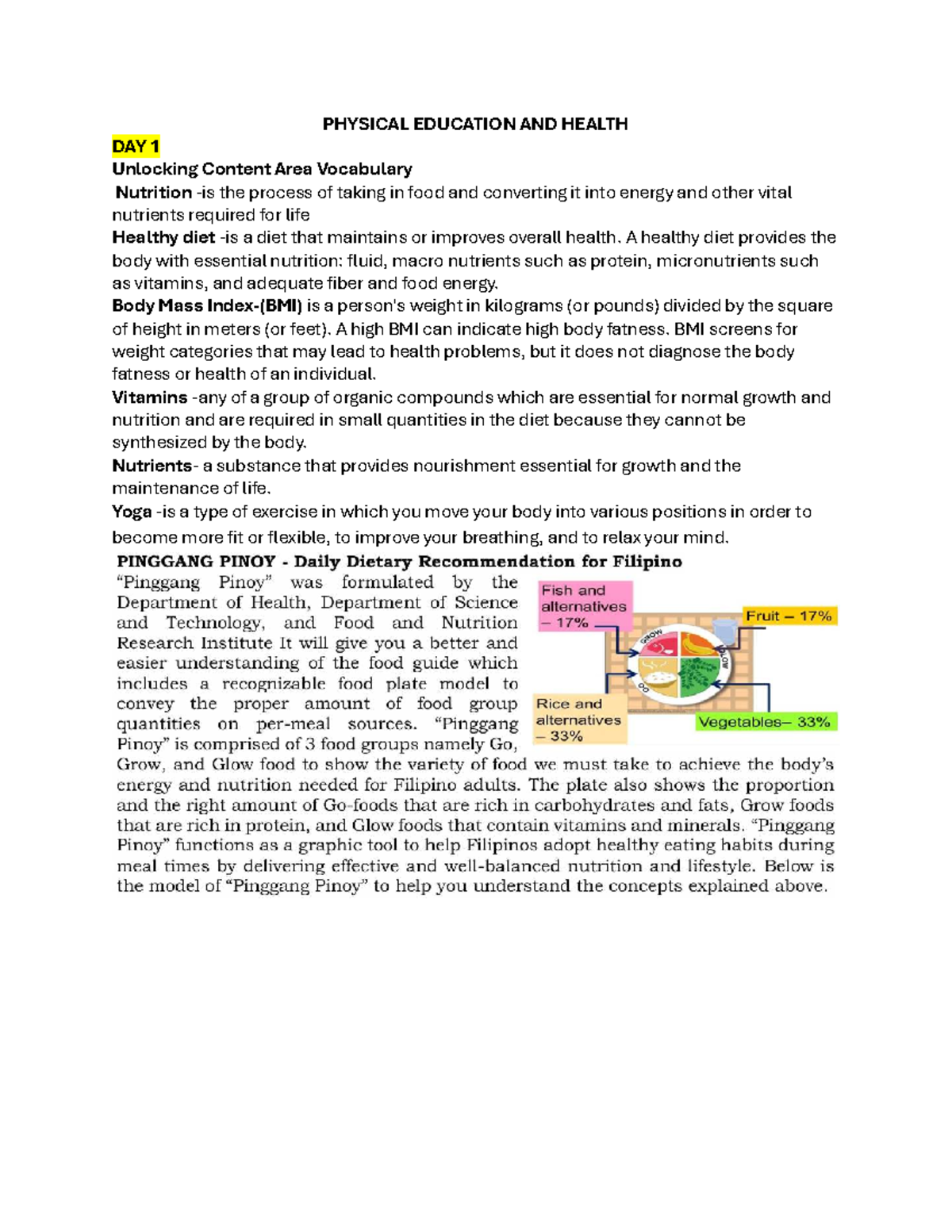 PHYSICAL EDUCATION AND HEALTH WEEK 1: Nutrition & Wellness Insights ...