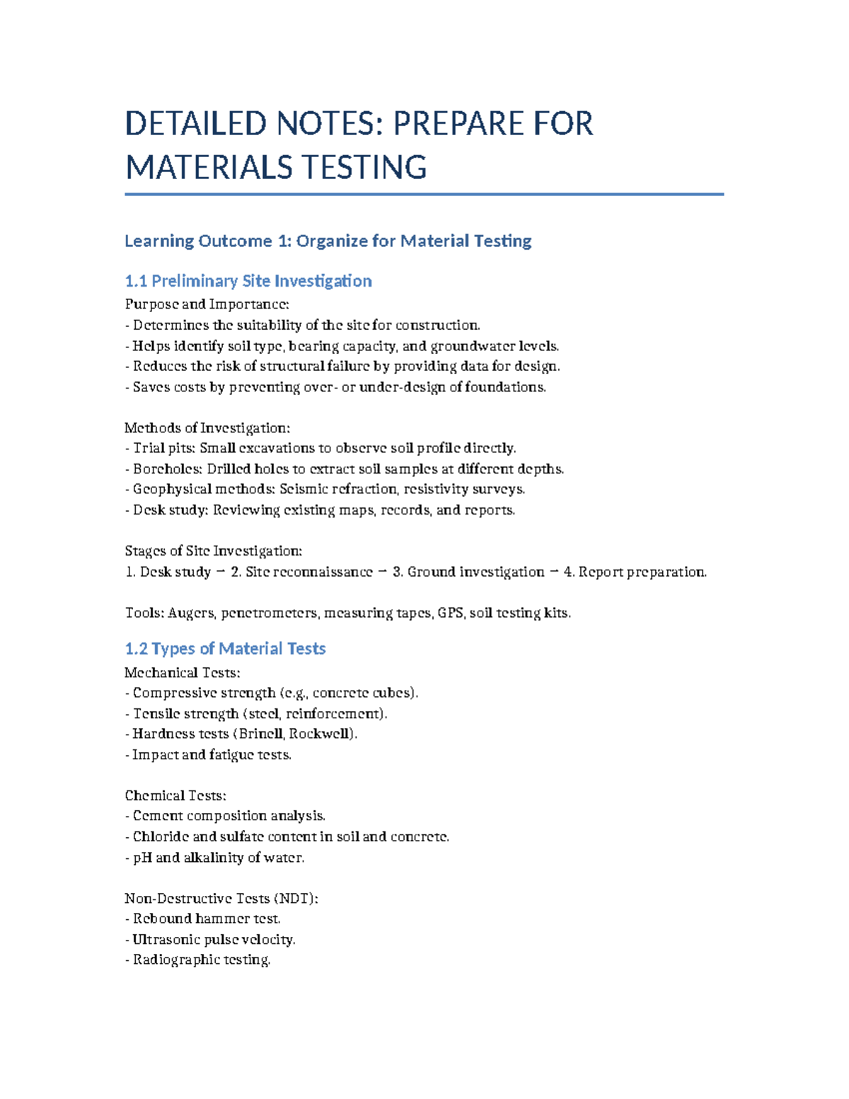 Detailed Notes: Materials Testing Preparation for Course MT101 - Studocu
