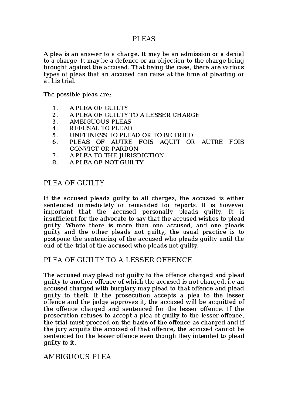 Course Code: LAW 101 - Summary of Pleas and Extradition Processes - Studocu