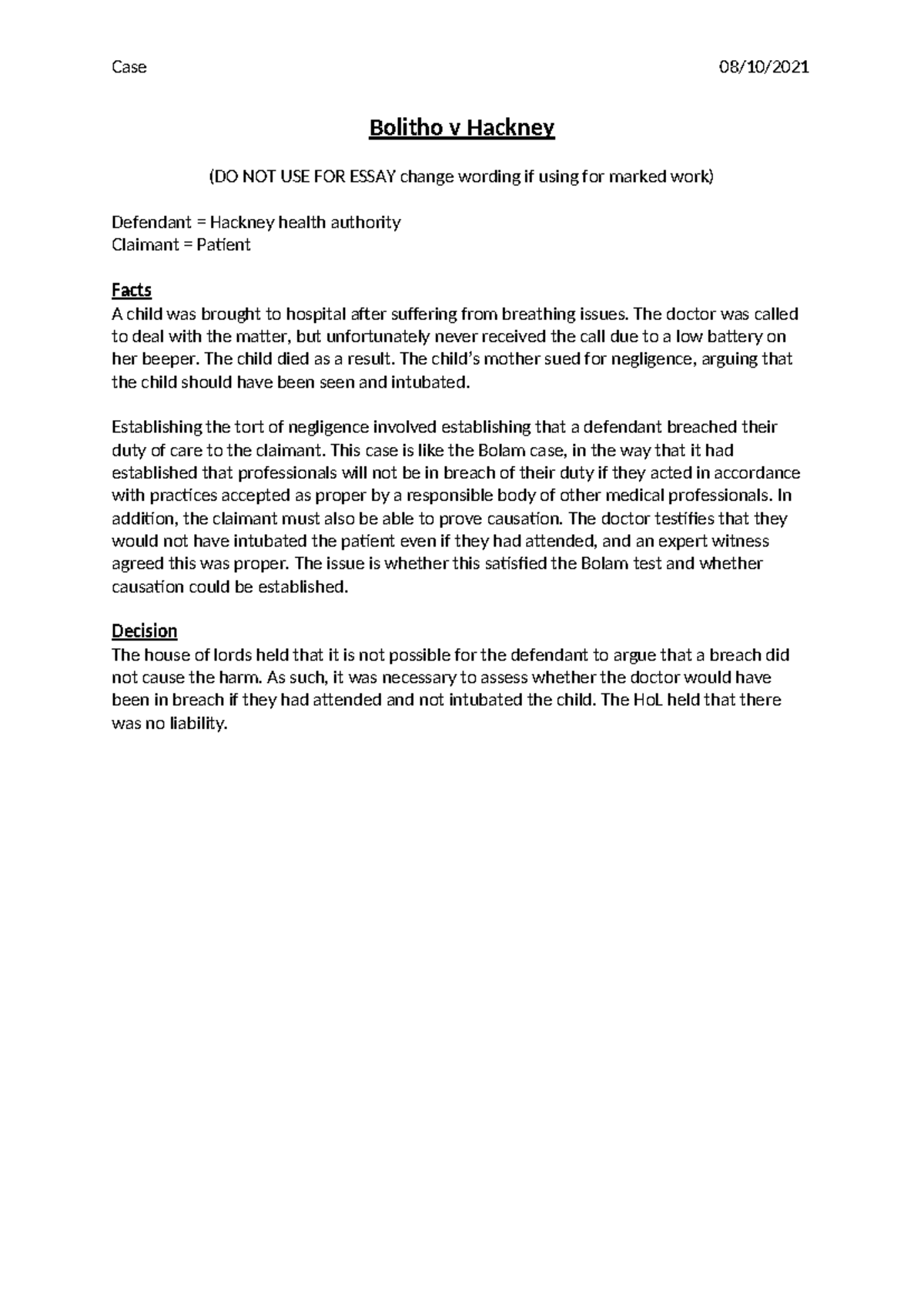 Bolitho v Hackney - Case Summary & Negligence Analysis - Studocu