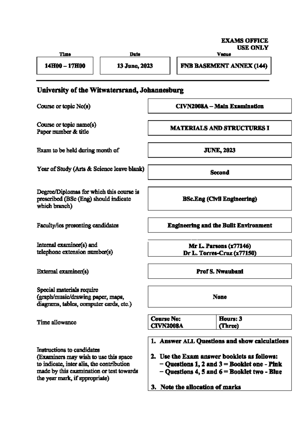 CIVN2008A Final Exam: Materials and Structures I (June 2023) - Studocu