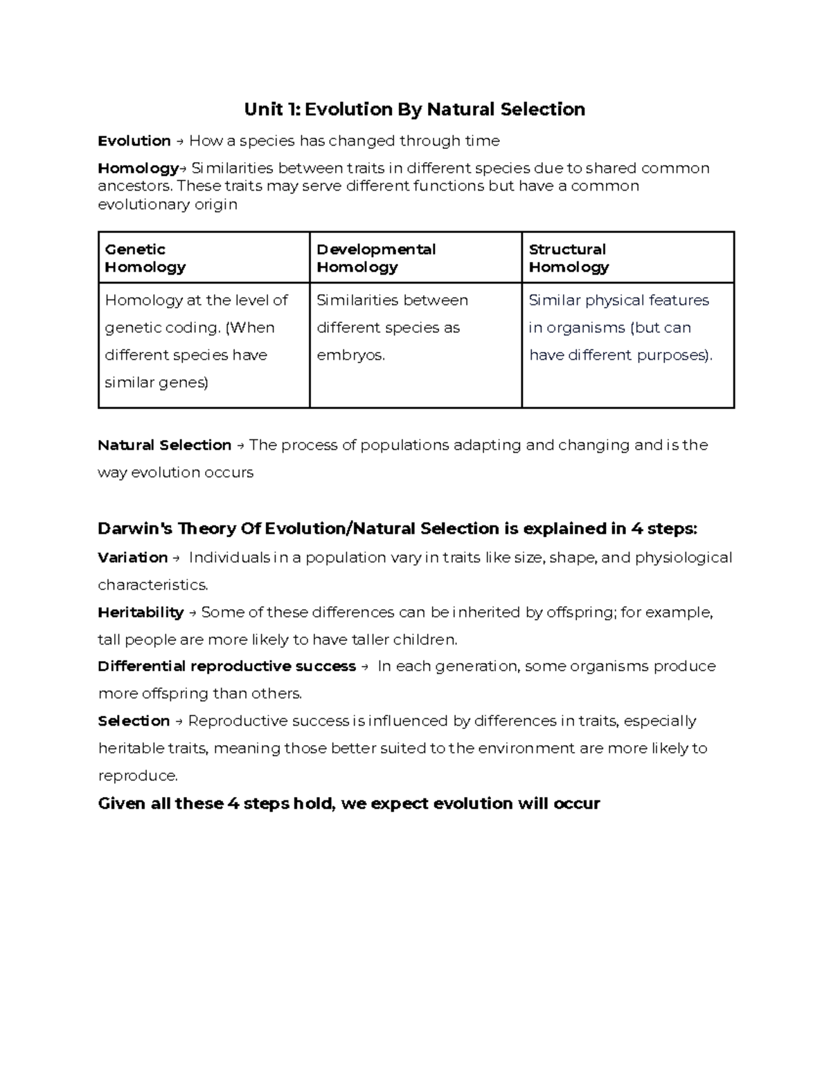 Biology Units 1-3 - good detailed - Unit 1 : Evolution By Natural ...