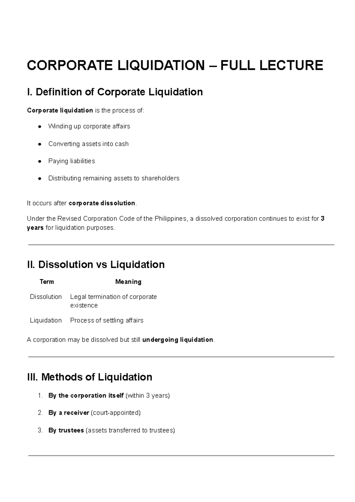 CORPORATE LIQUIDATION FULL LECTURE: Key Concepts & Processes - Studocu