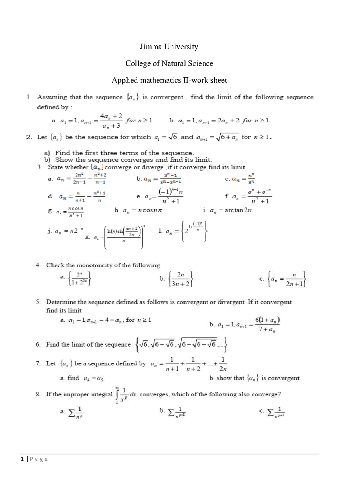 Applied II work sheet - Applied mathematics I - Jimma University ...