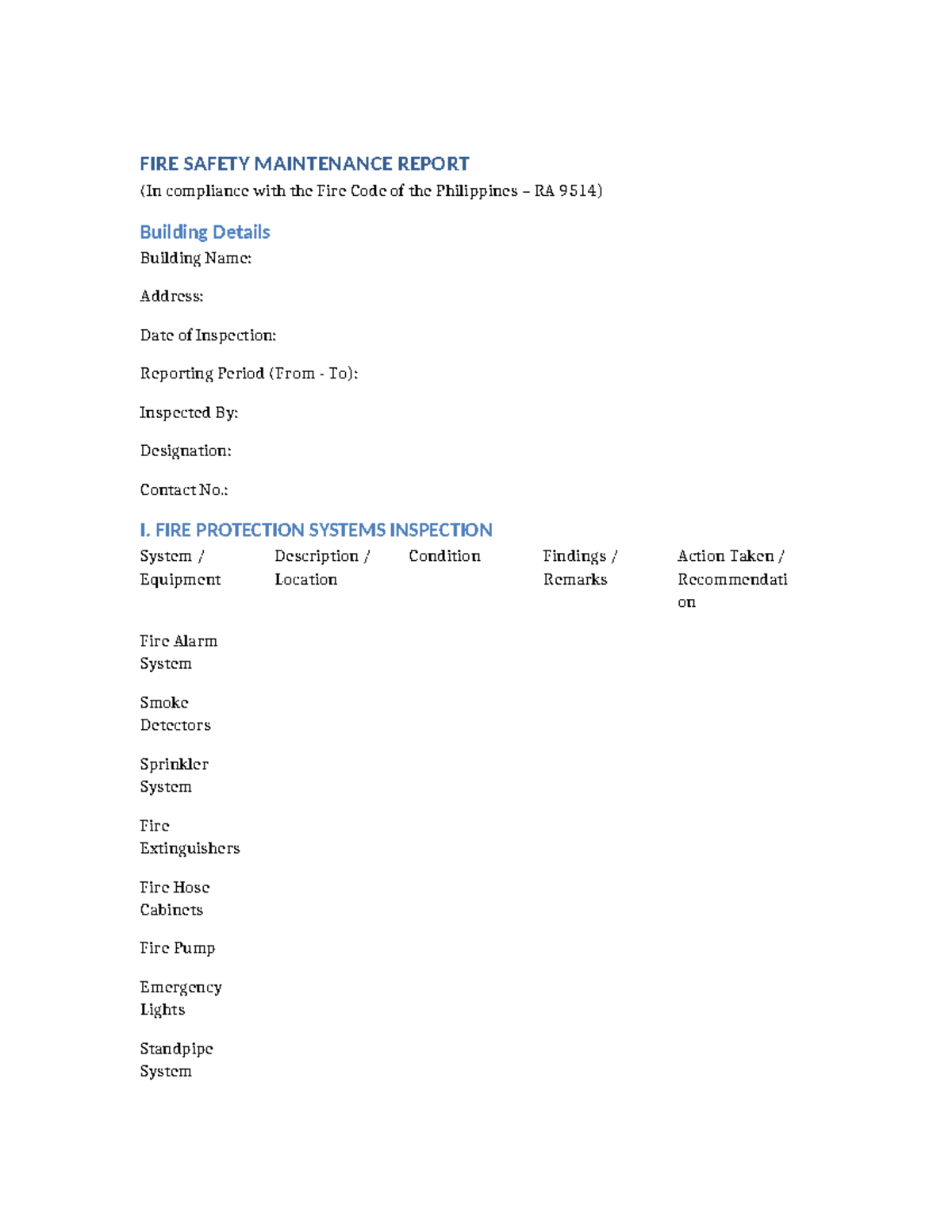 Fire Safety Maintenance Report Template - FIRE SAFETY MAINTENANCE ...