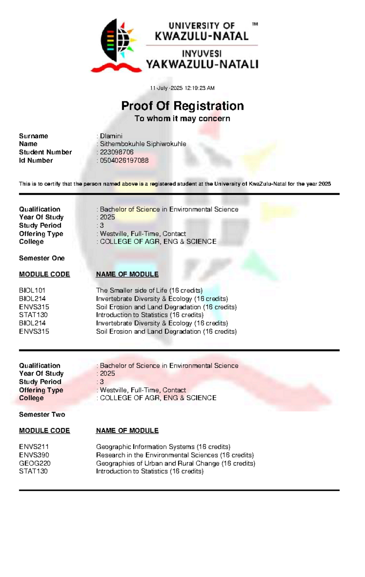 Proof of Registration - BSc in Environmental Science 2025 - Studocu