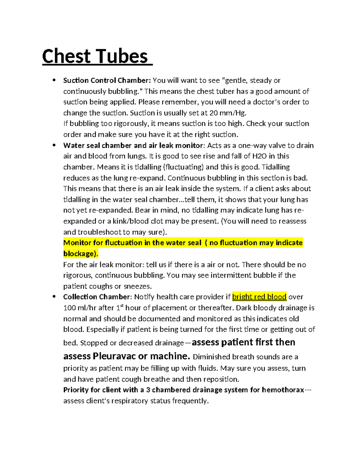 Essential Guide to Chest Tubes: Monitoring and Interventions - Studocu