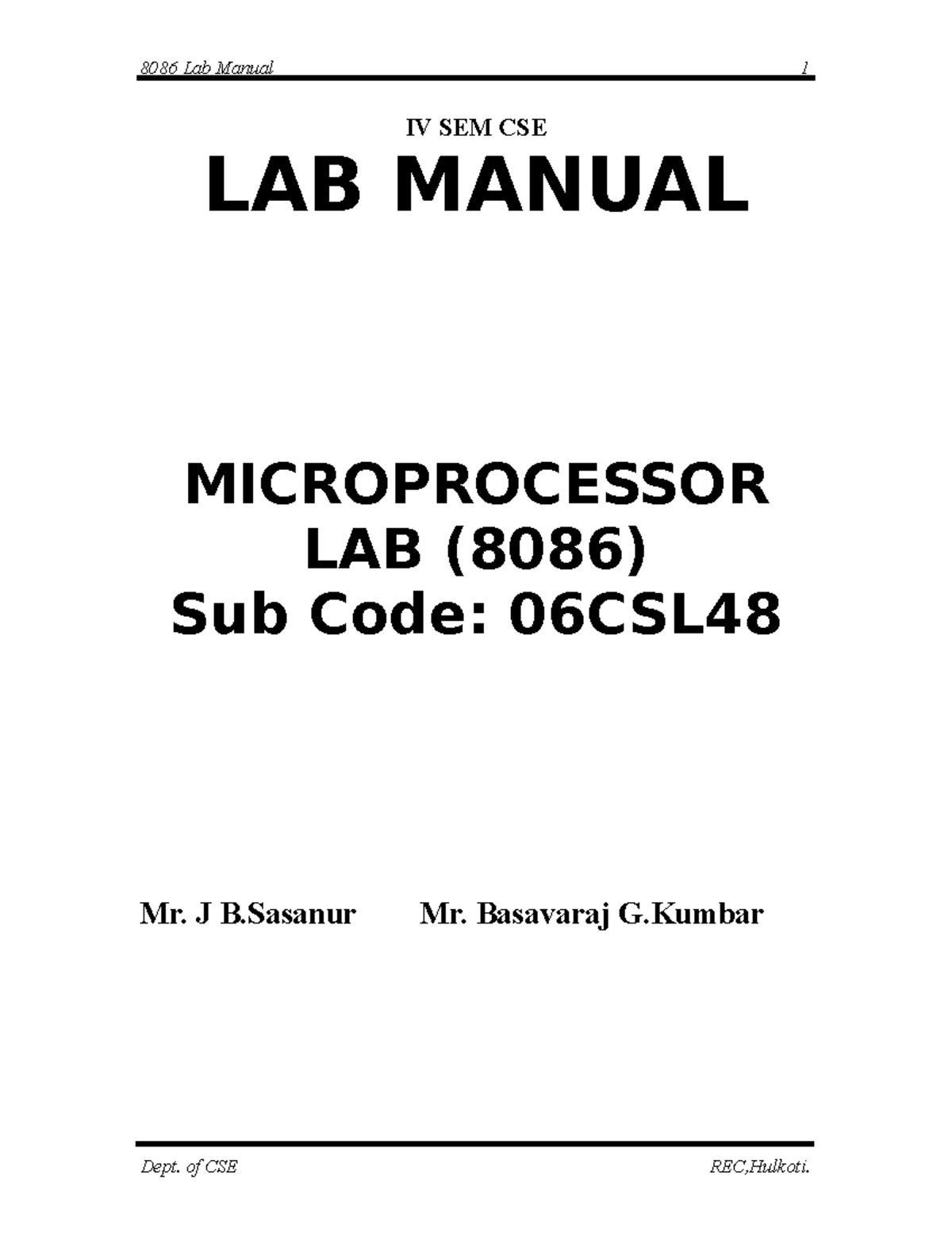 Micro processor manual with viva - IV SEM CSE LAB MANUAL MICROPROCESSOR ...