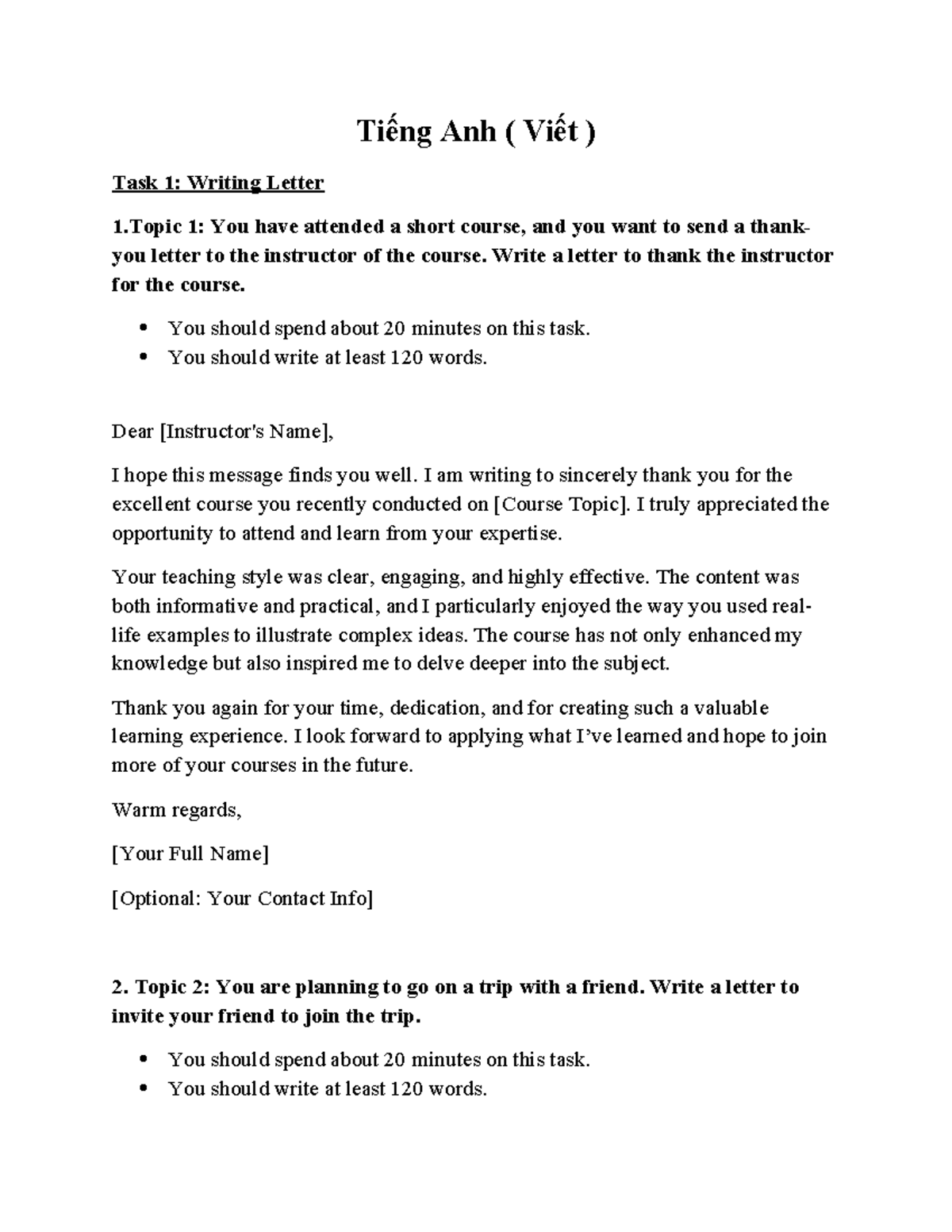 Tiếng Anh B1 - Writing Task: Letters and Essays - Studocu