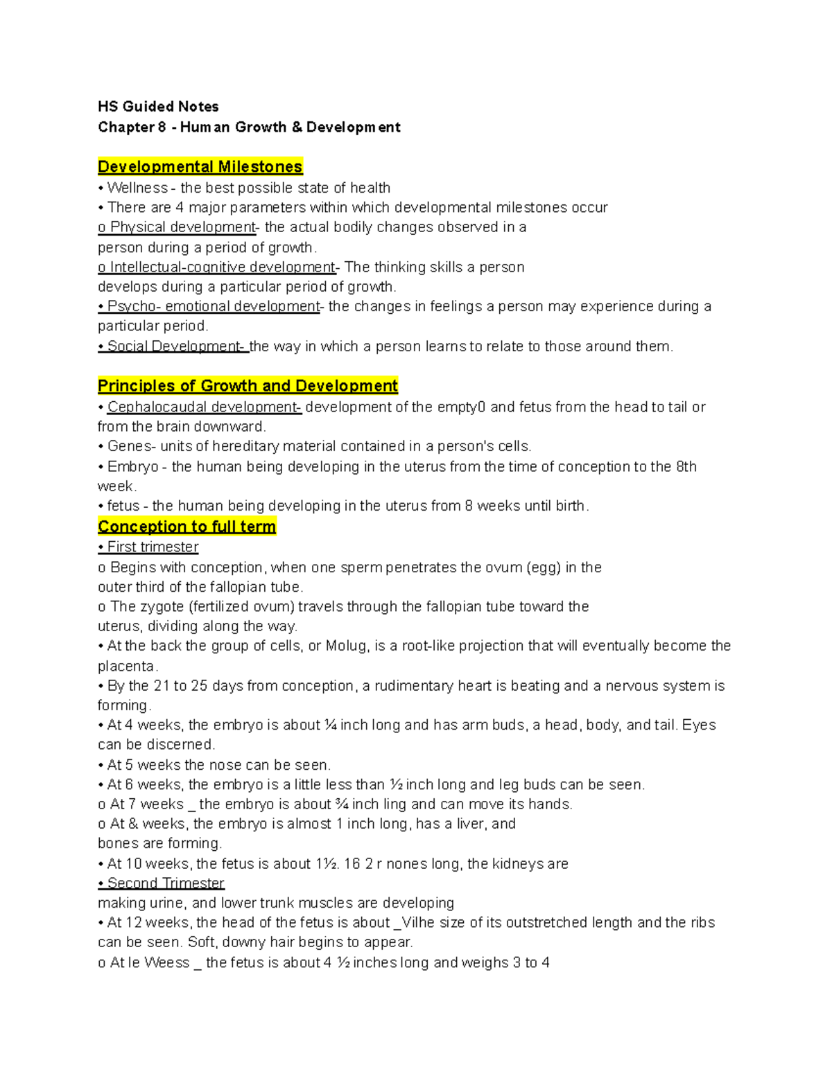 HS Guided Notes: Chapter 8 - Milestones in Human Growth & Development ...