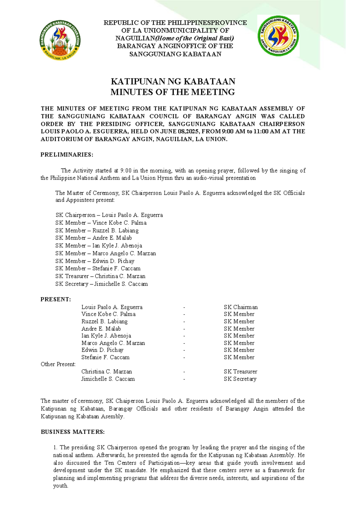 KK 2025 Minutes: Sangguniang Kabataan Assembly Meeting - Studocu