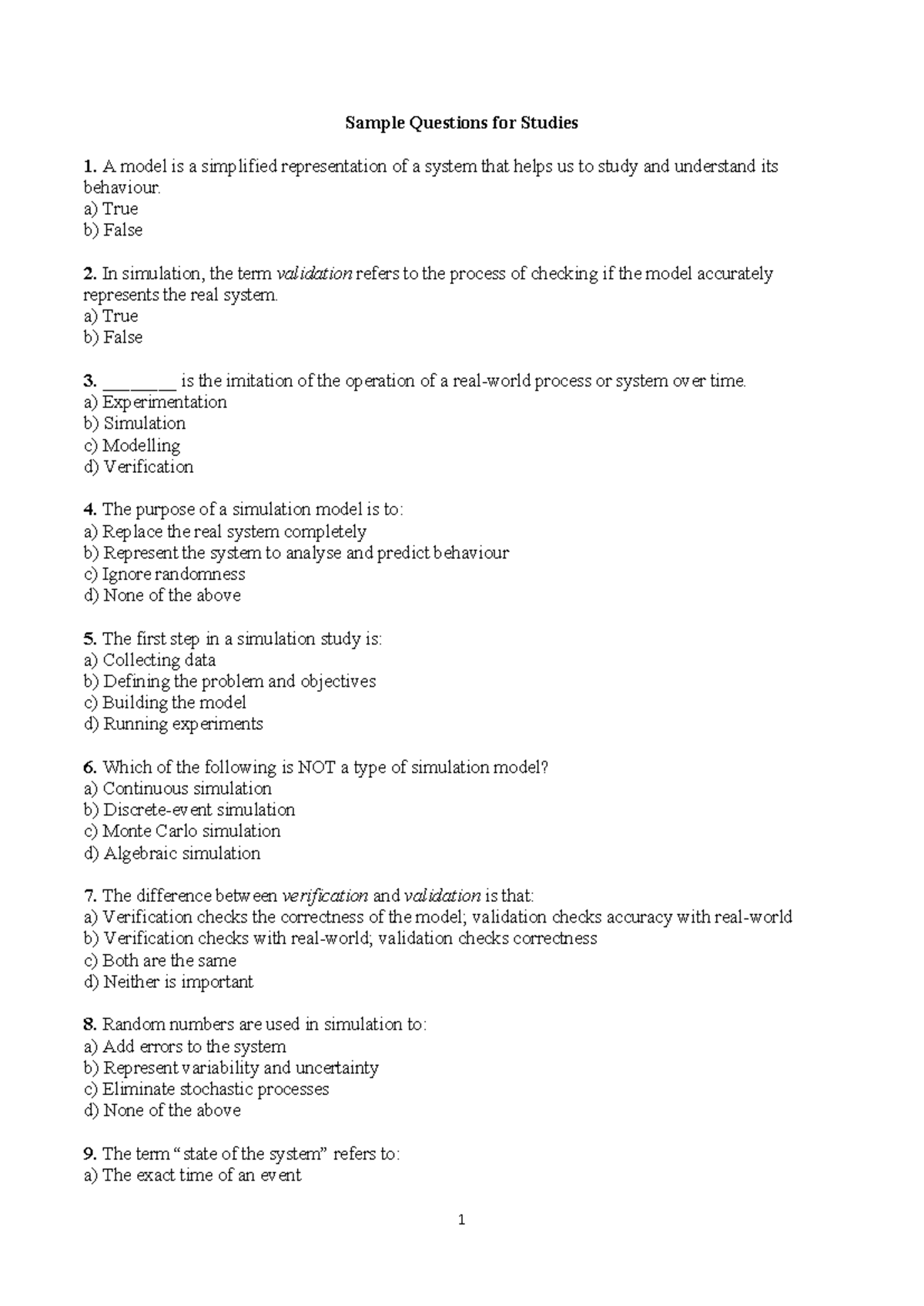 Sample Questions for Studies: Simulation Concepts and Techniques - Studocu