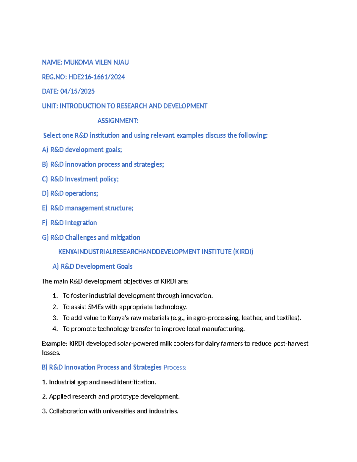 Introduction to R&D Assignment: KIRDI's Development & Innovation ...
