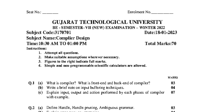 CD 3170701 - Compiler Design PYQs for Winter 2022 & 2023 - Studocu