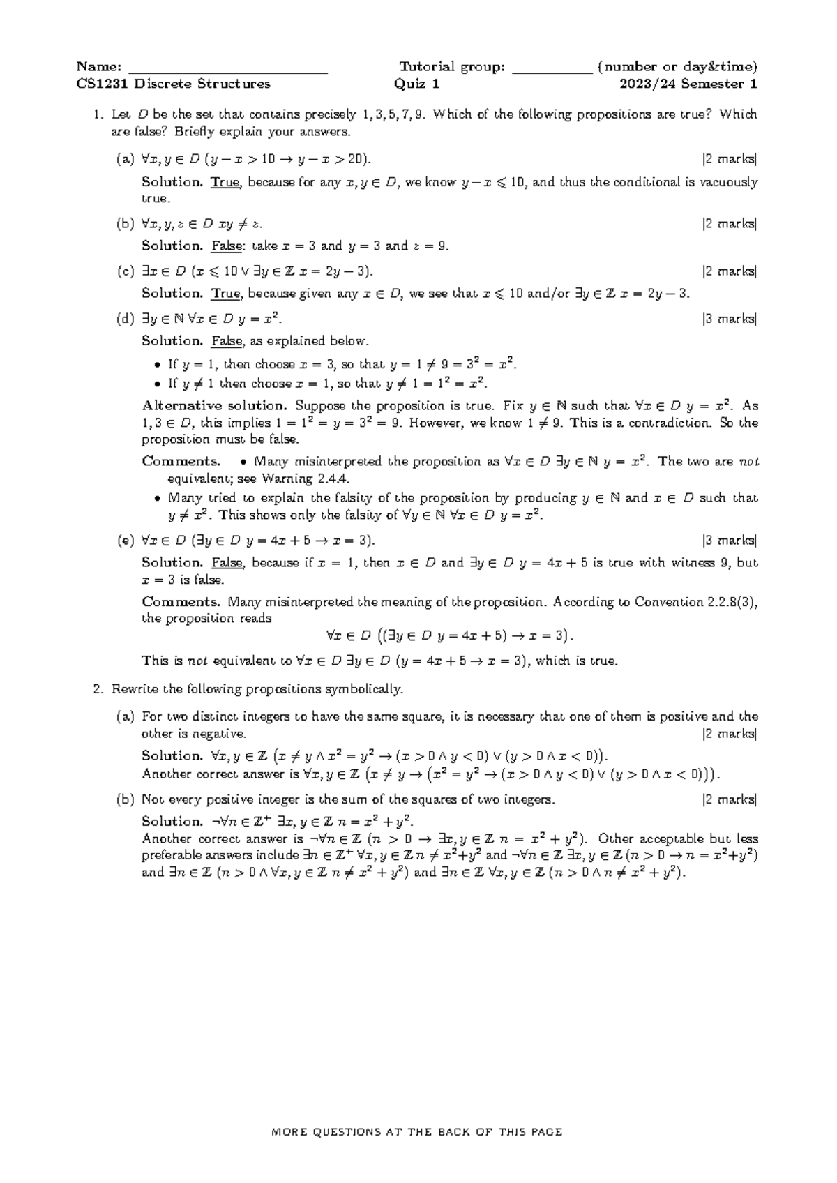 CS1231 Discrete Structures Quiz 1 Answers 2023/24 Semester 1 - Studocu