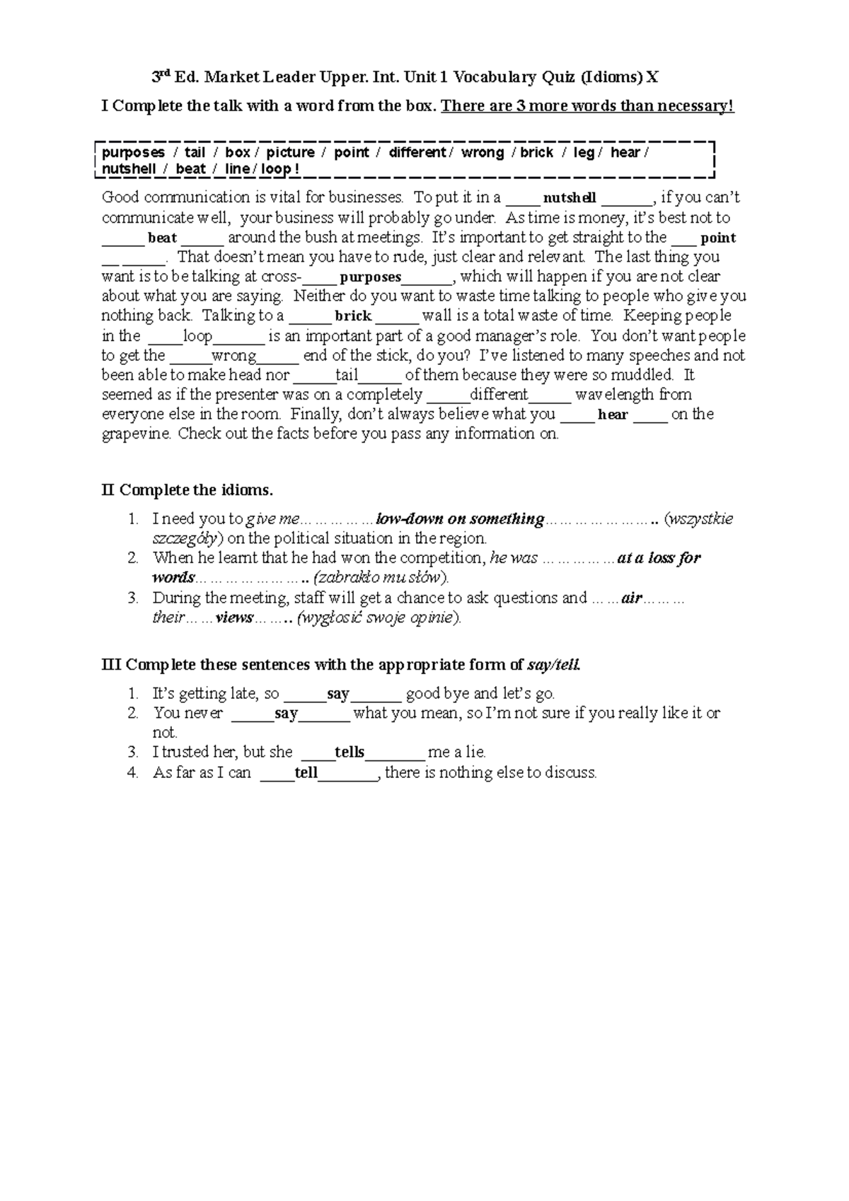 3rd Ed. Market Leader Upper-Int Unit 1 Vocabulary Quiz (Idioms) - Studocu