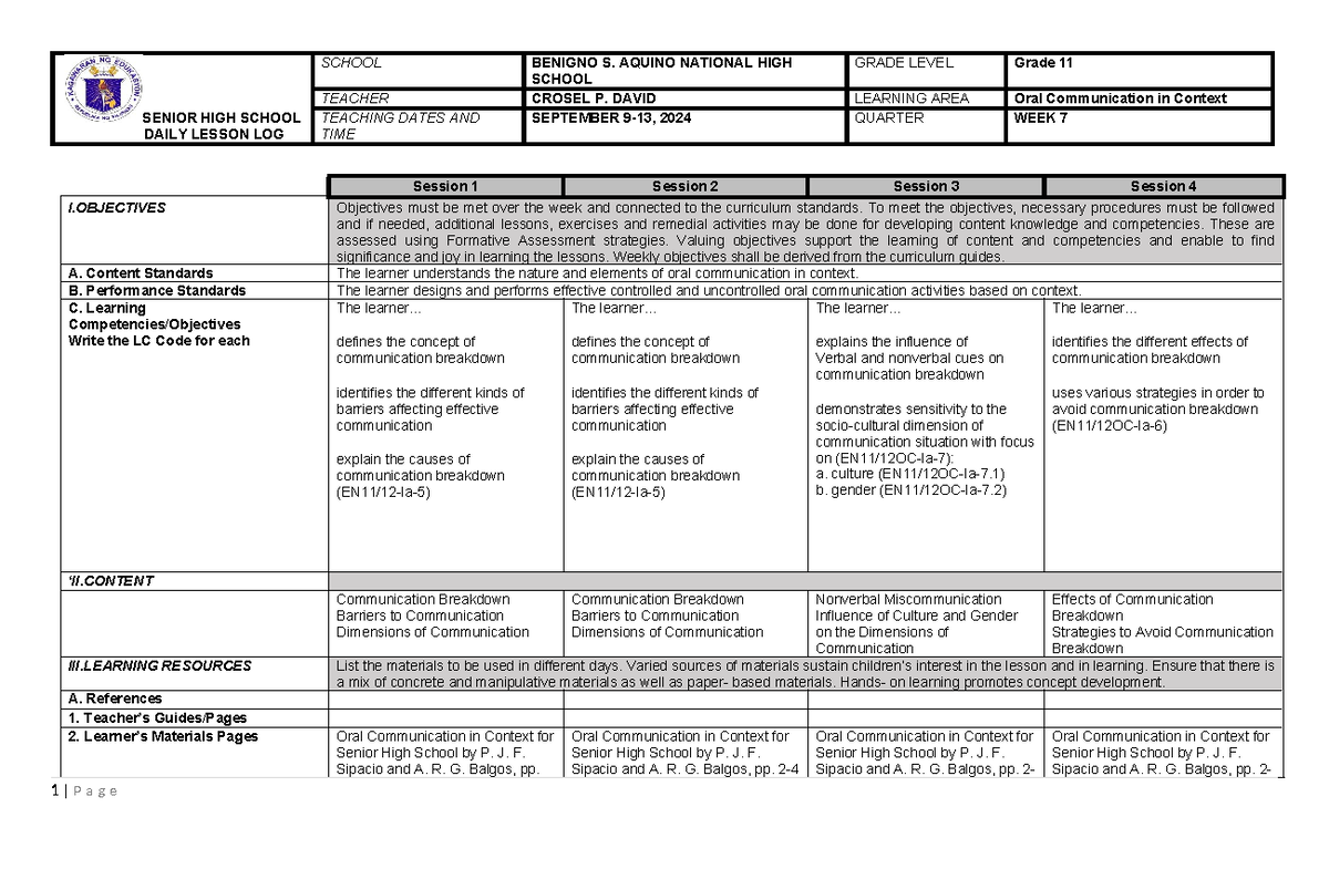 W 6 ORAL COM Strategies - Daily Lesson Log for Grade 11 - Studocu