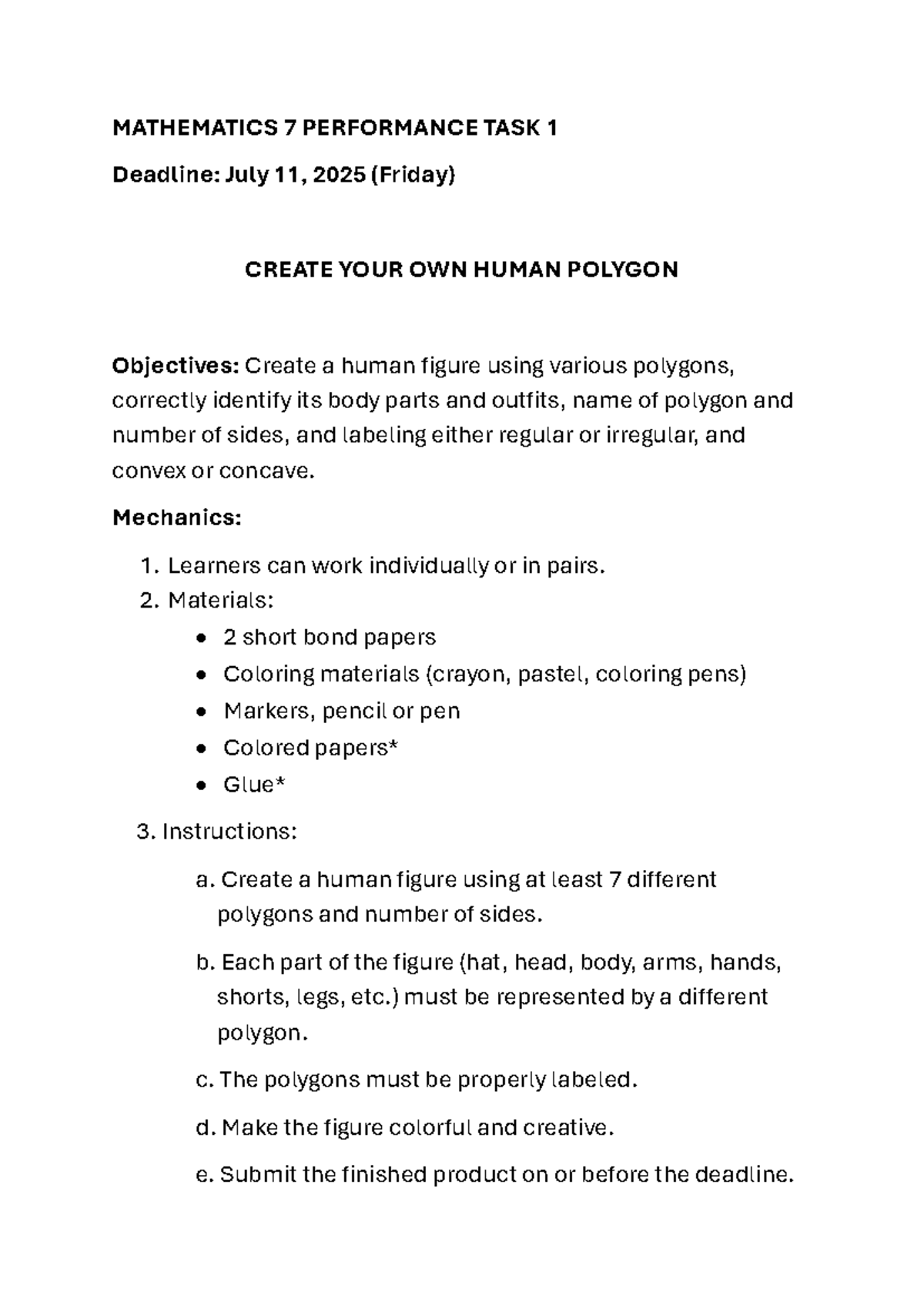 MATHEMATICS 7 PERFORMANCE TASK 1: CREATE A HUMAN POLYGON - Studocu